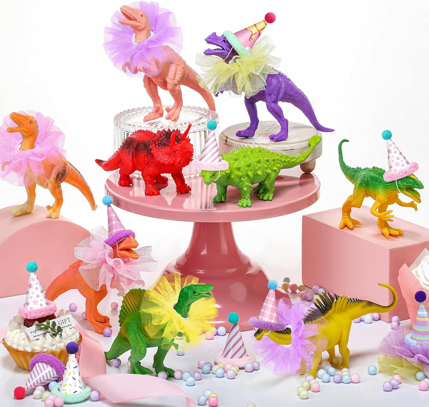 Weysat 27 Pcs Jungle Animal Cake Topper Animals Figures Birthday Party Decorations with Mini Hat with Pom Poms Jungle Toppers Decoration with Mini Skirt and Hat for Wild Animals Themed Party