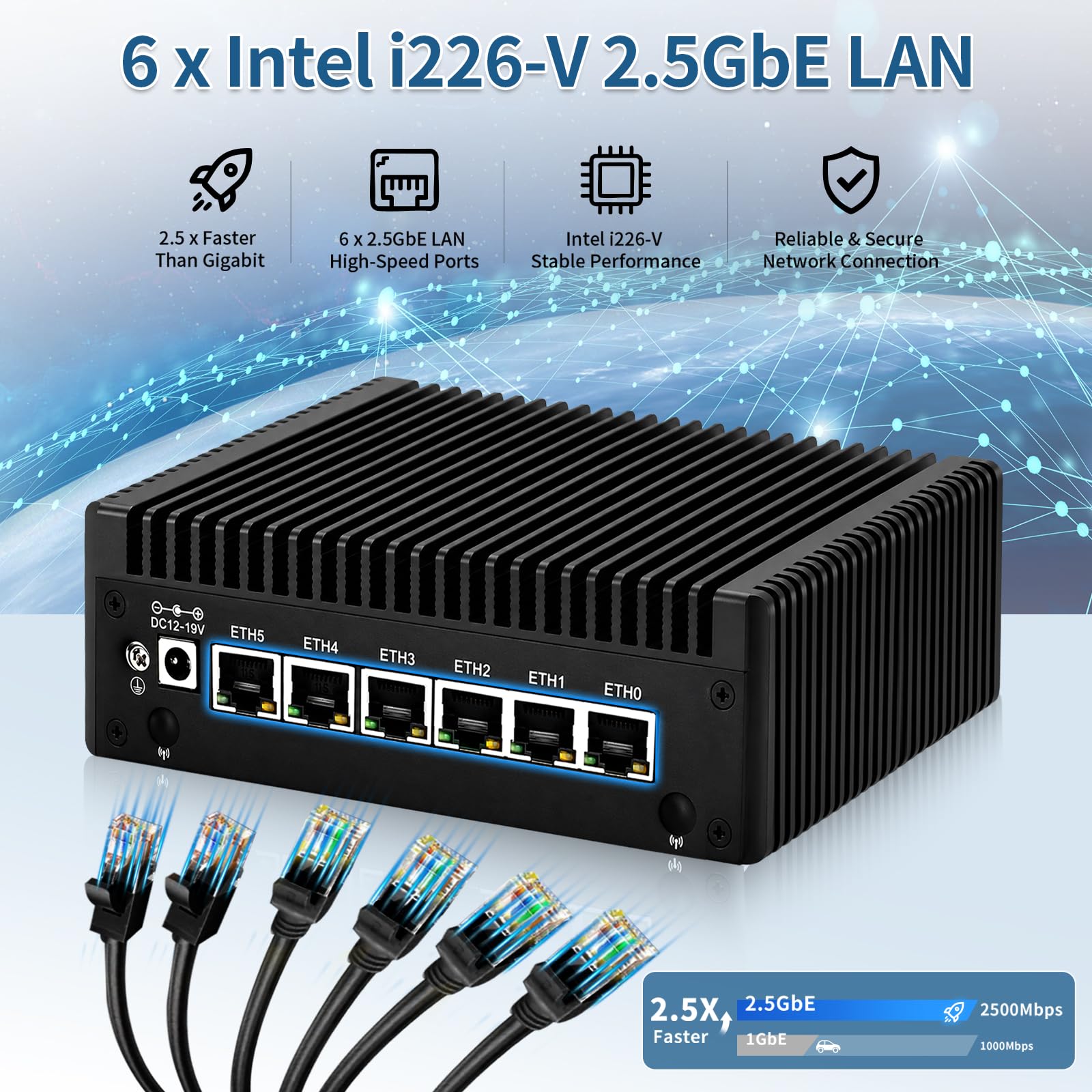 Fanless Firewall Appliance Mini PC, 6 x i226-V 2.5GbE LAN, Core i5-7200U Desktop Micro PC, OPNsense Router, DB9 COM, HD+DP, USB-C, SATA3.0, AES-NI, DDR3L 8GB RAM 256GB SSD