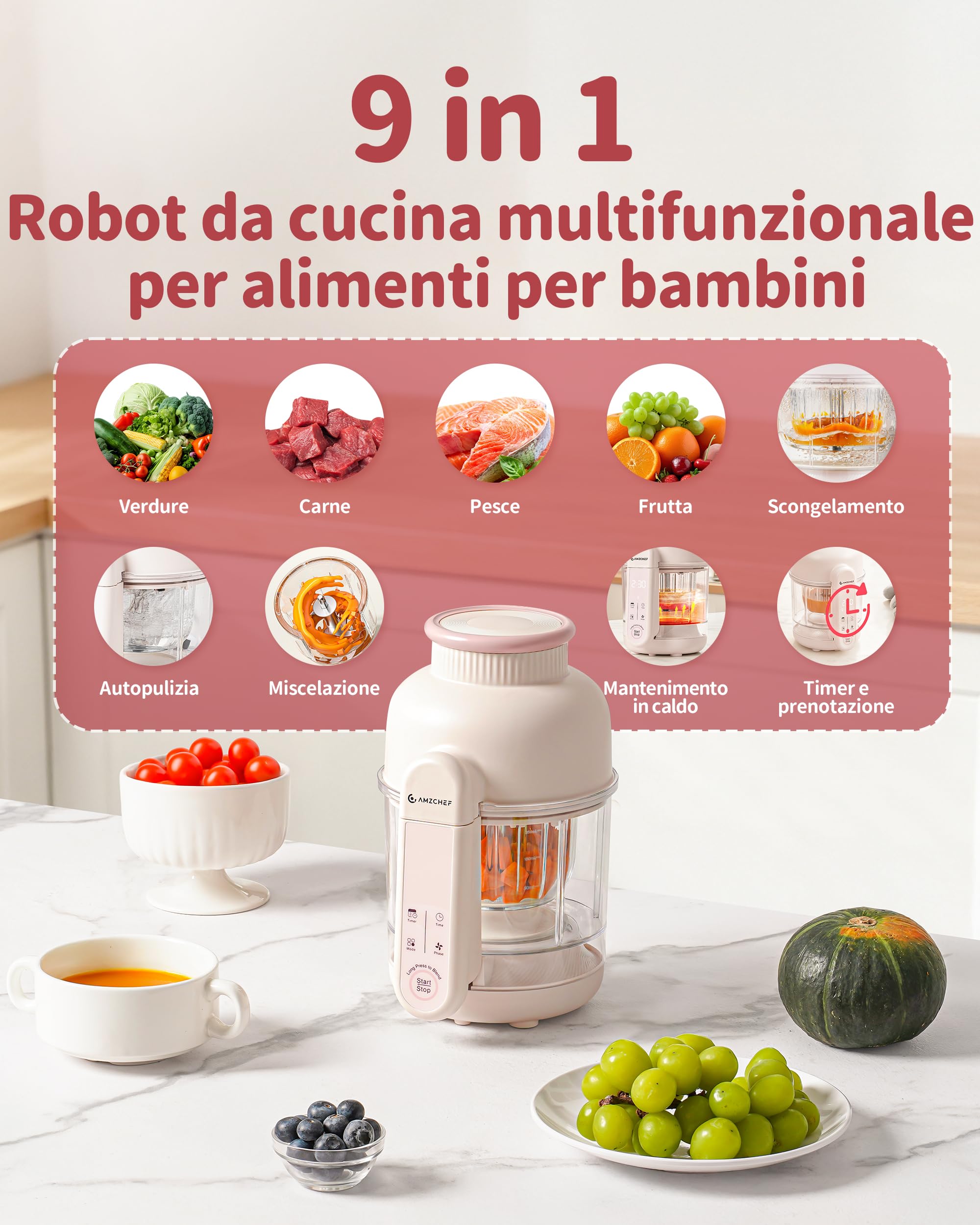 AMZCHEF Cuocipappa 6-in-1 Vaporiera & Frullatore Baby Food Processor BPA-Free Touch Screen
