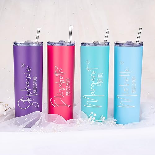 Miniatura 6 de Be Burgundy Juego de 5 vasos personalizados para damas de honor con nombres y títulos, 8 colores, grabado de 20 onzas con juego de pajilla, regalos