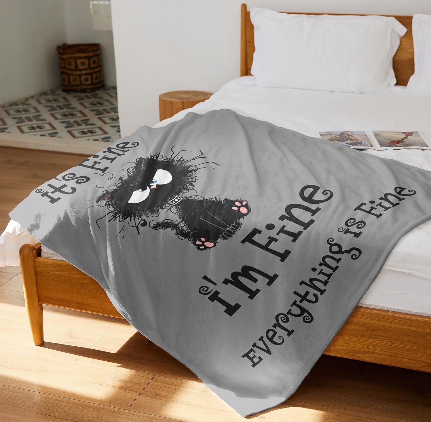 It’s Fine I’m Fine Everything is Fine, Funny Blanket Gifts for Women/Men, Cute Black Cat Themed Stuff, Soft Warm Blankets for Home/Office, Coworker Favors Throw 50" x 60" - Image 3