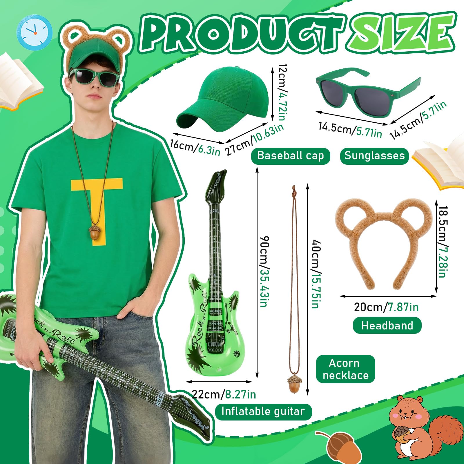 6Pcs Chipmunks Costume Set for Adults Chipmunk Fancy Dress Set including T-Shirt Baseball Cap Chipmunk Ears Headband Glasses Acorn Necklace Inflatable Guitar for World Book Day Halloween - Image 2