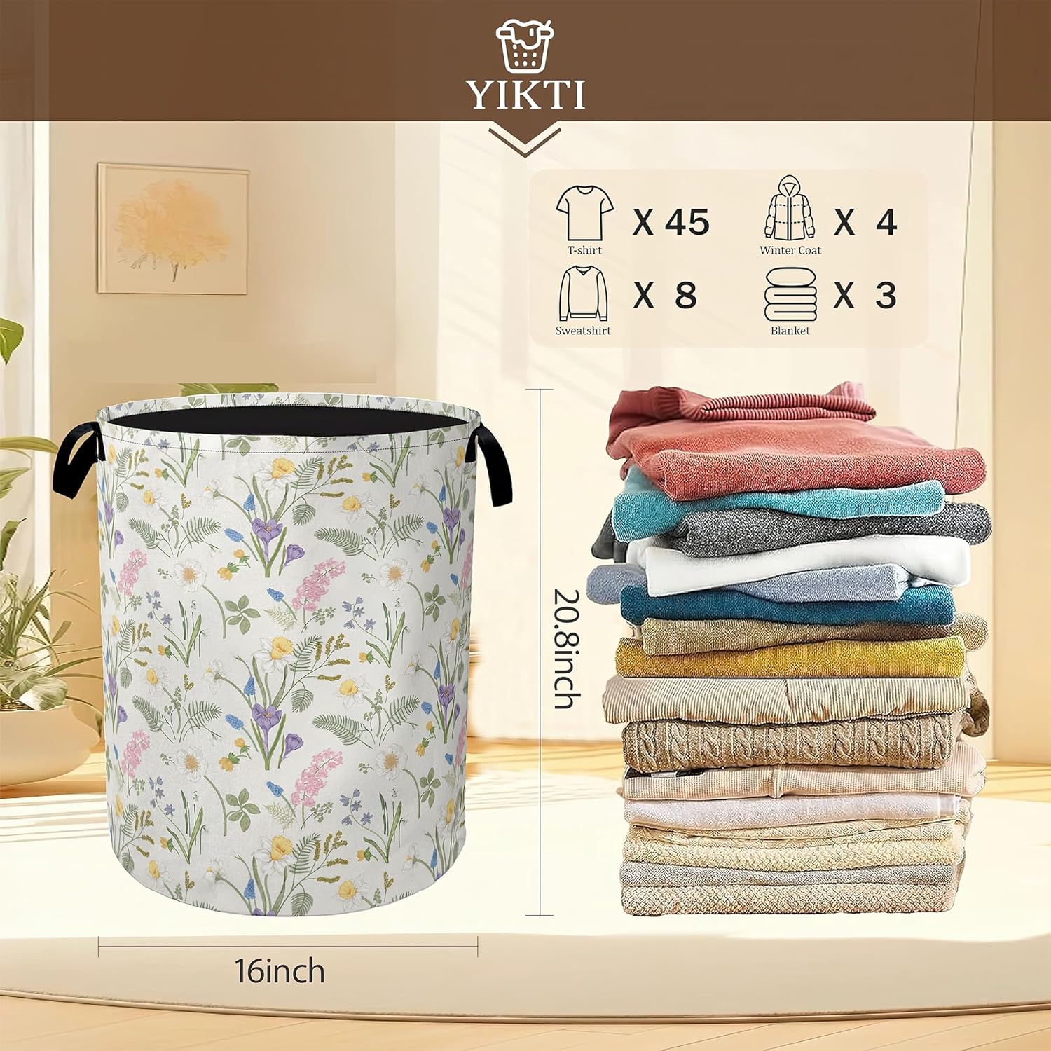Collapsible Laundry Basket,Wildflower Dirty Clothes Hamper,Colorful Floral Leaves Hampers for Bedroom Waterproof Oxford Cloth Storage Organizer for Bathroom,Nursery,Dorm,16x20 Inch