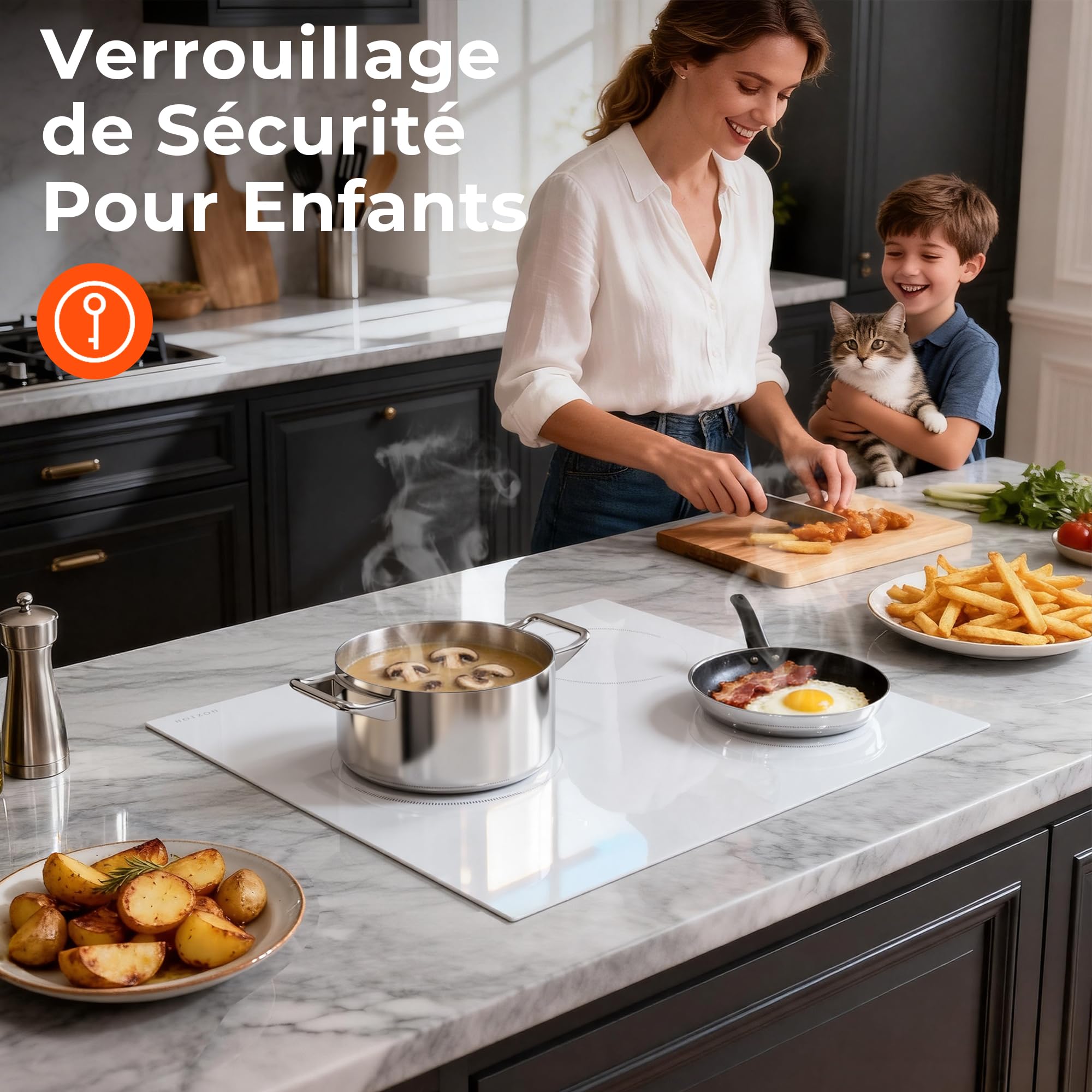 Karinear Plaque Induction Blanc 3 Feux avec Prise | Plaque de Cuisson Induction Encastrable 59CM, 3500W, Commande Tactile, Boost, Verrou de Sécurité, Minuterie, 220V
