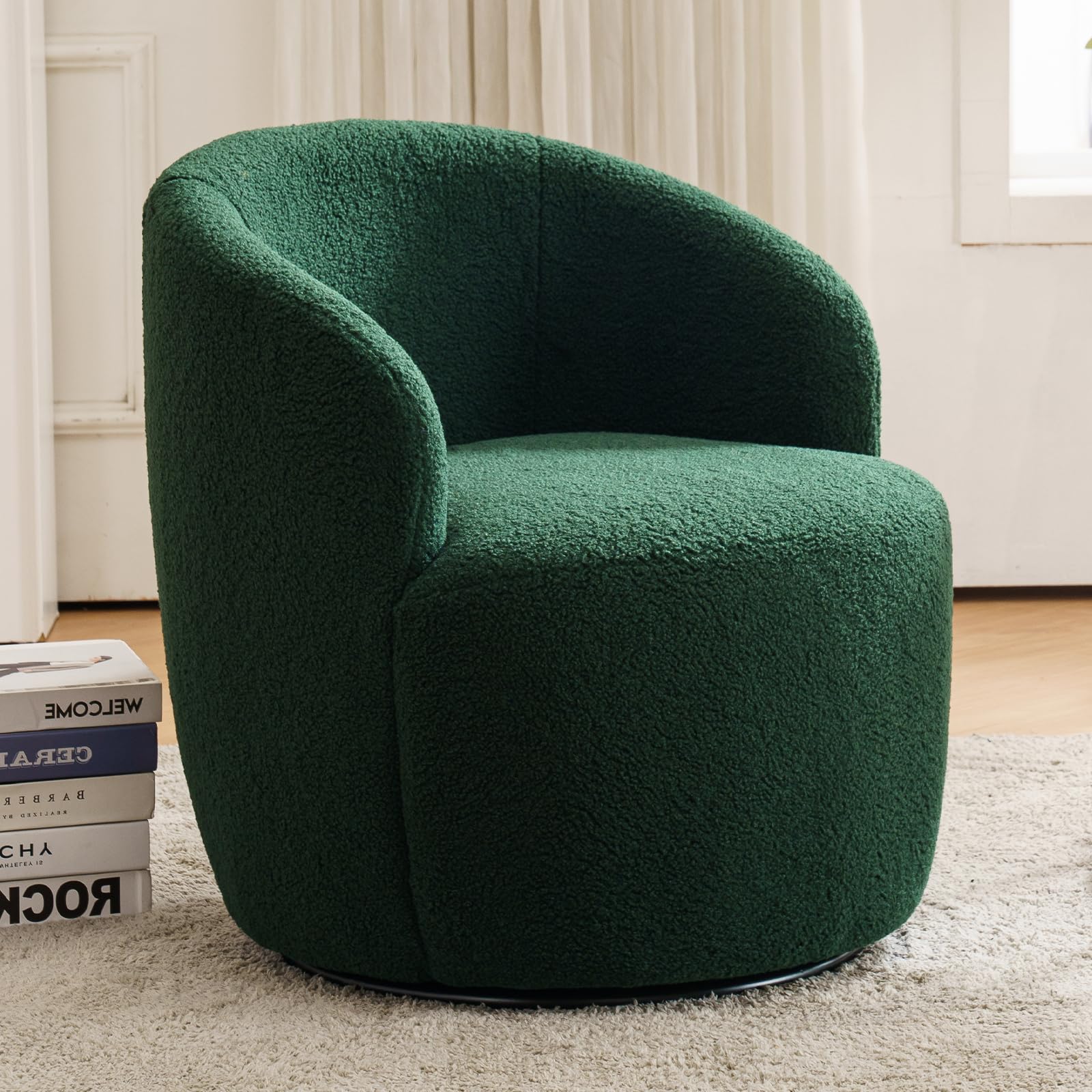 DEKKETO Teddy Swivel Cuddle Chair, Round Accent Tub Armchair with 360° Rotating Metal Base, Comfy Cozy Boucle Chair Sofa Reading Chair for Living Room Bedroom, Green