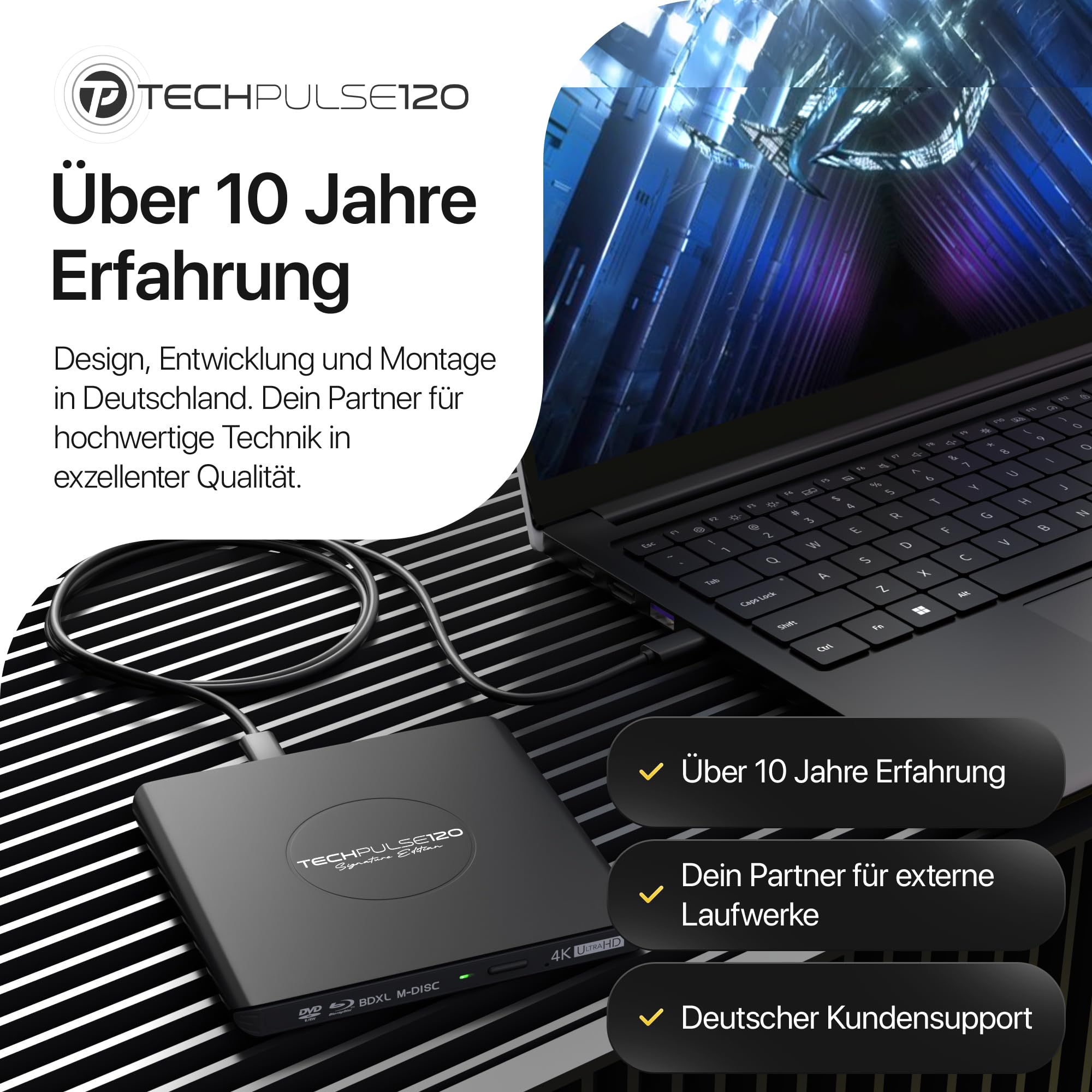 techPulse120 Unidad externa USB 3.1 USB-C UHD 4K 3D M-DISC Blu-ray DVD CD HDR10 128GB Unidad Grabadora Burner Signature Paquete Bolsa 90 cm Cable de conexión Aluminio (Negro)