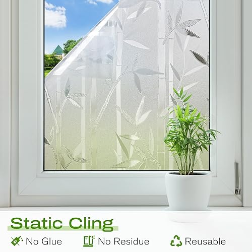 Miniatura 5 de rabbitgoo Película de privacidad para ventana, patrón de bambú esmerilado, calcomanías extraíbles con bloqueo UV para vitrales, para cubrir ventanas