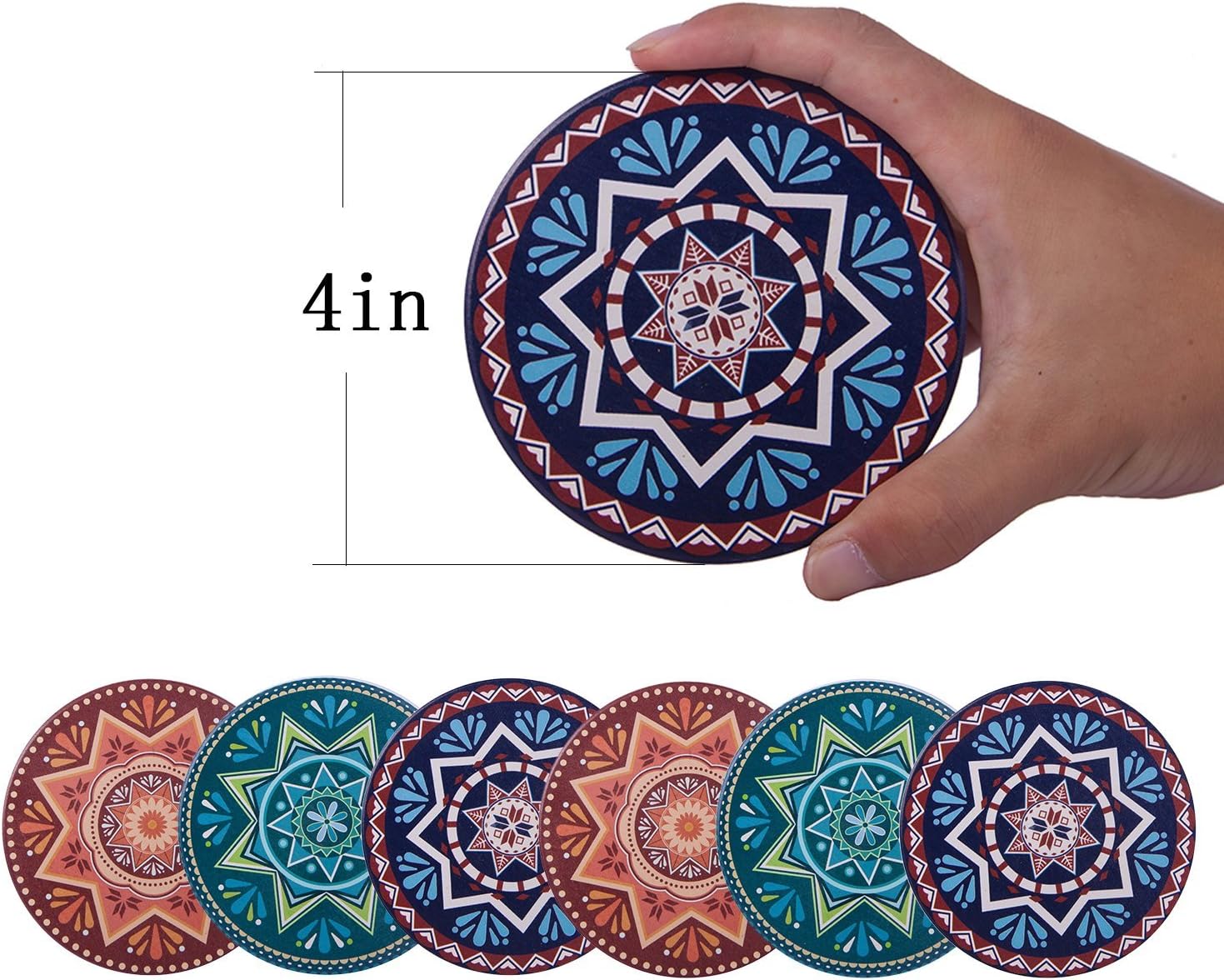 Absorbent Ceramic Coasters for Drinks - 6 Pack Mandala Patterns with Cork Back,Drink Spills Coasters, Coffee Mug Place Mats
