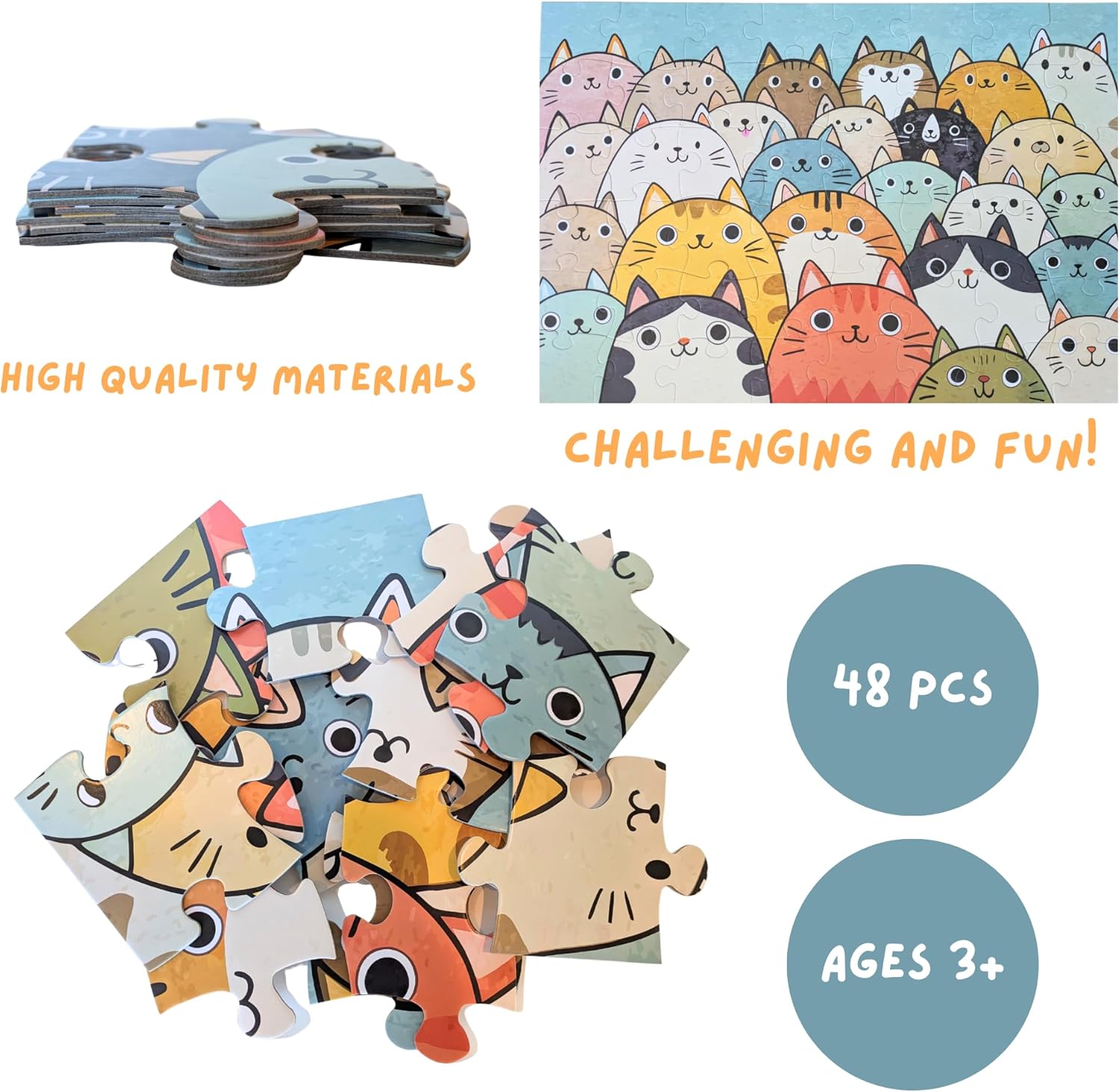 Cat Portrait Jumbo Floor Puzzle for Kids - 48 Large Pieces, 3ft x 2ft - Toddler Puzzles, Preschool Learning Toys, Big Piece Floor Puzzles for Kids - Tot Dojo