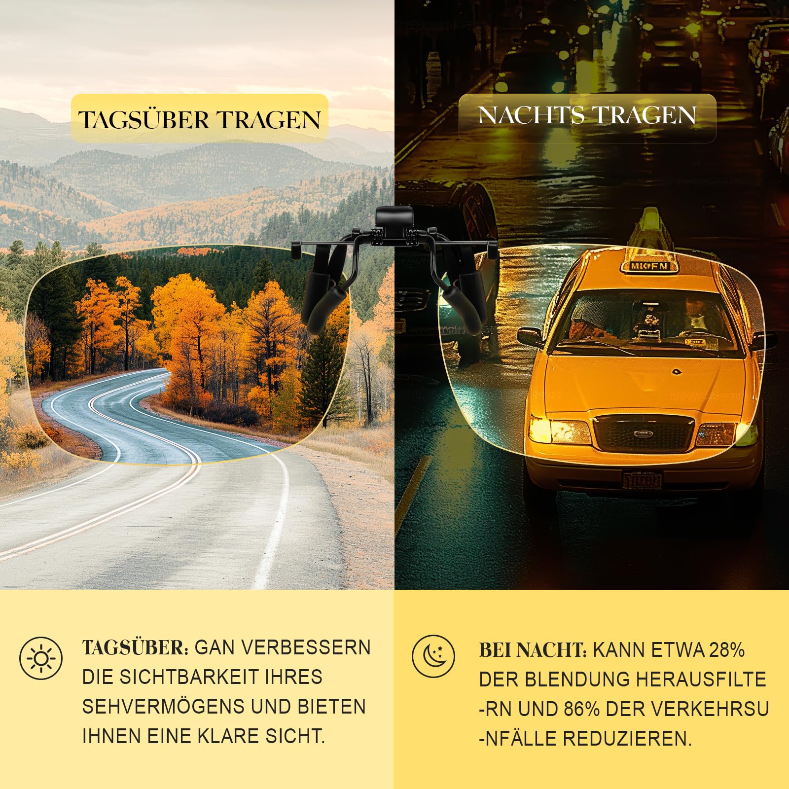 Clip-on Nachtfahrbrille-Nachtbrille zum Autofahren für Herren und Brillenträger-Polarisiert-Reduziert effektiv die Blendung von entgegenkommenden Scheinwerfern-HD Sichtglas(58 * 37mm)