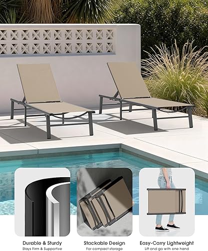 Miniatura 5 de Ciokea Sillón de aluminio para exteriores mejorado, no necesita montaje, tumbona plegable para patio con 5 posiciones ajustables, marco reforzado