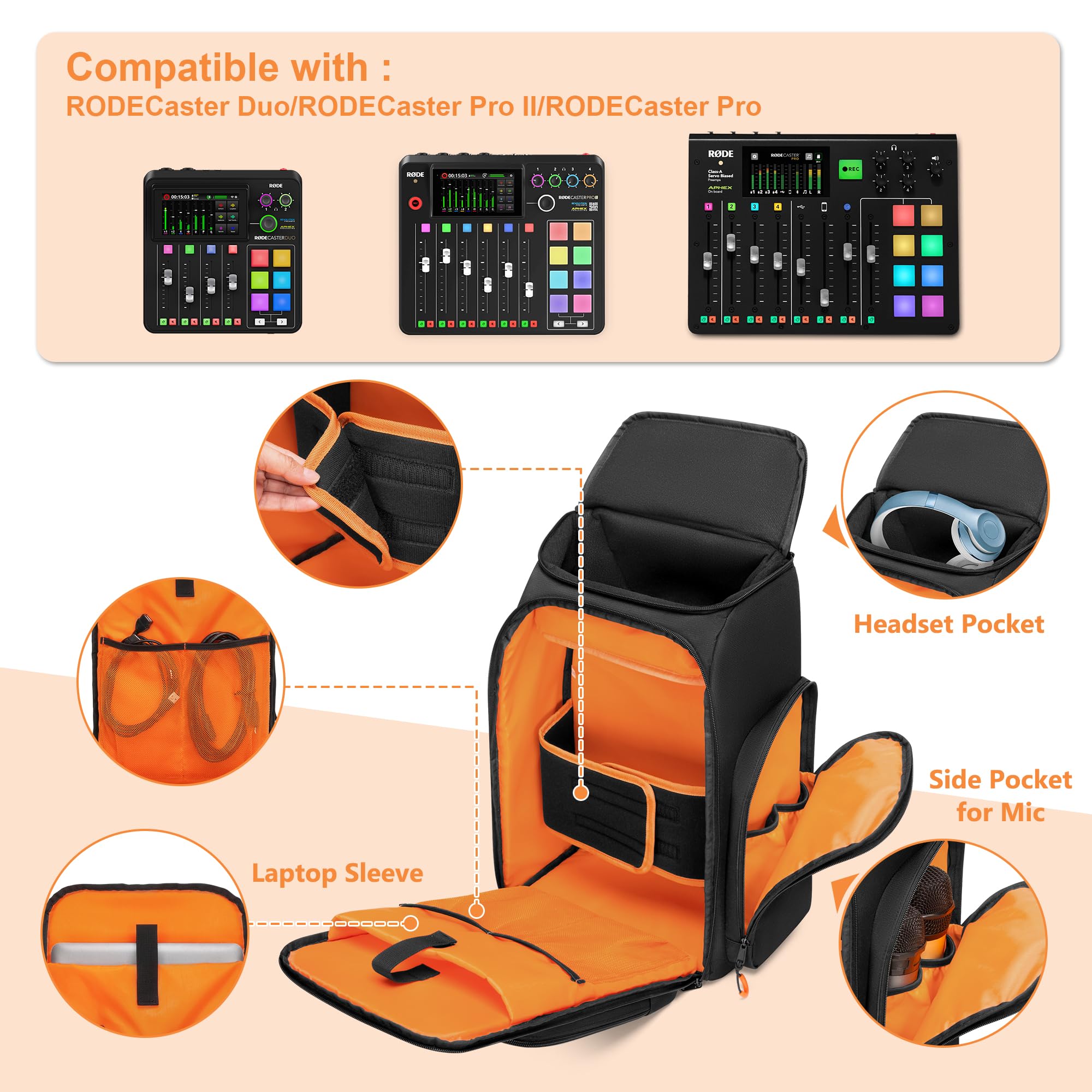 PGmoon DJ Mixer Rucksack Kompatibel mit RODECaster Pro/RODECaster Pro II/RC Duo/Hercules Inpulse 200 MK2, DJ Tasche für Mikrofone und Weitere Podcast-Ausrüstung (Patentdesign)
