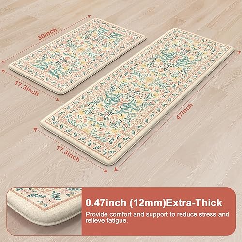 Miniatura 6 de Collive Juego de 2 tapetes de cocina acolchados antifatiga, antideslizantes, impermeables, juego de 2, modernas y florales cómodas para el hogar,