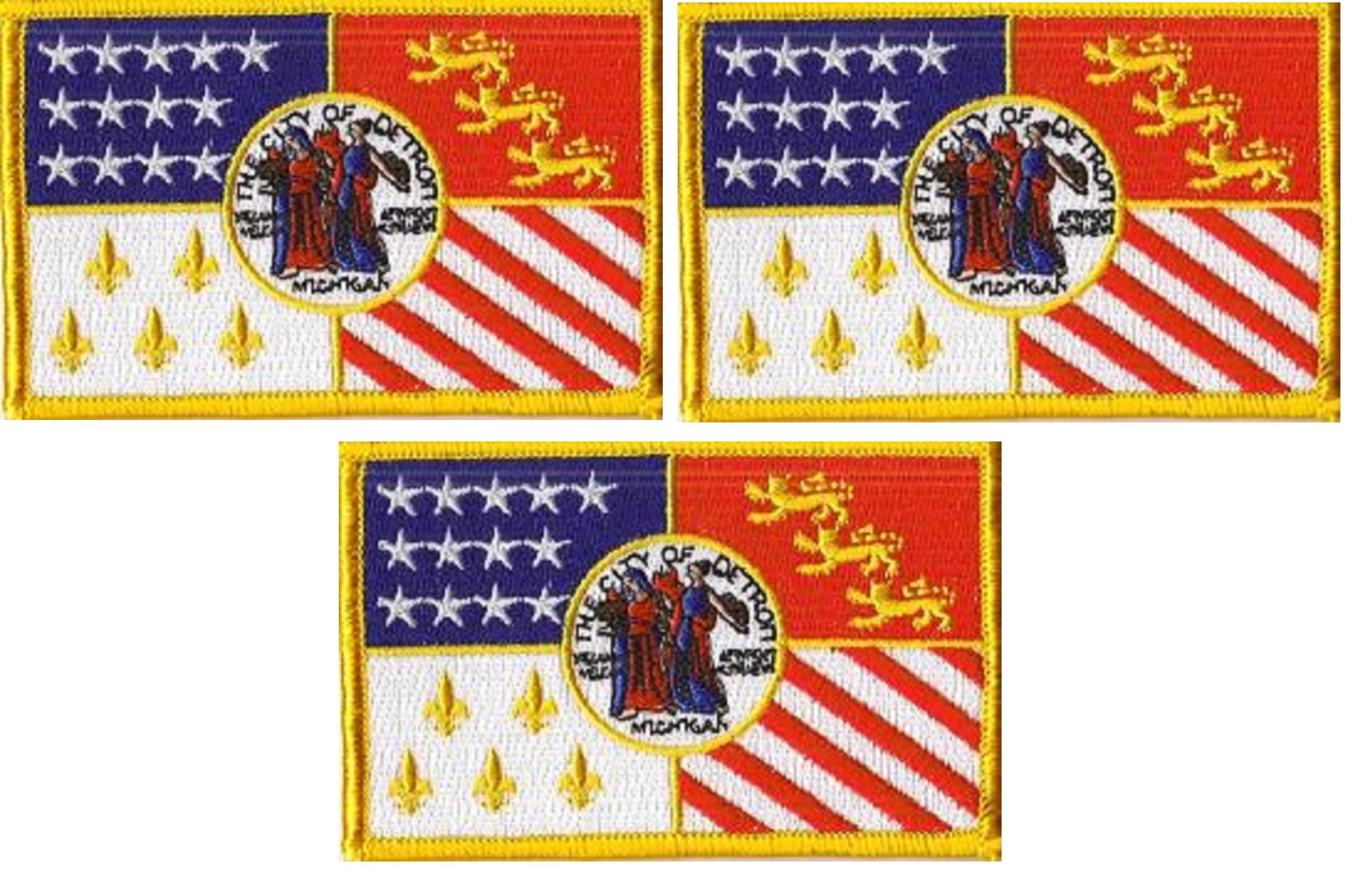 Pack of 3 Detroit Flag Patches 3.50" x 2.25", Three City Embroidered Iron On or Sew On Flag Patch Emblems (Detroit)