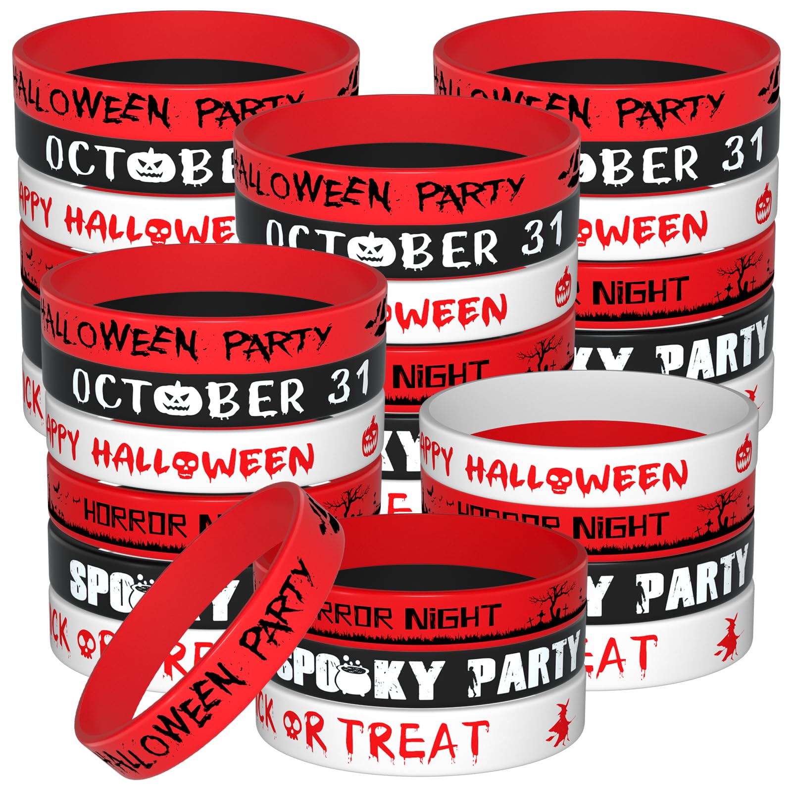 Morcheiong 60 Pcs Halloween-Themed Silicone Wristbands for Halloween Party Supplies 6 Designs (Red+Black+White)