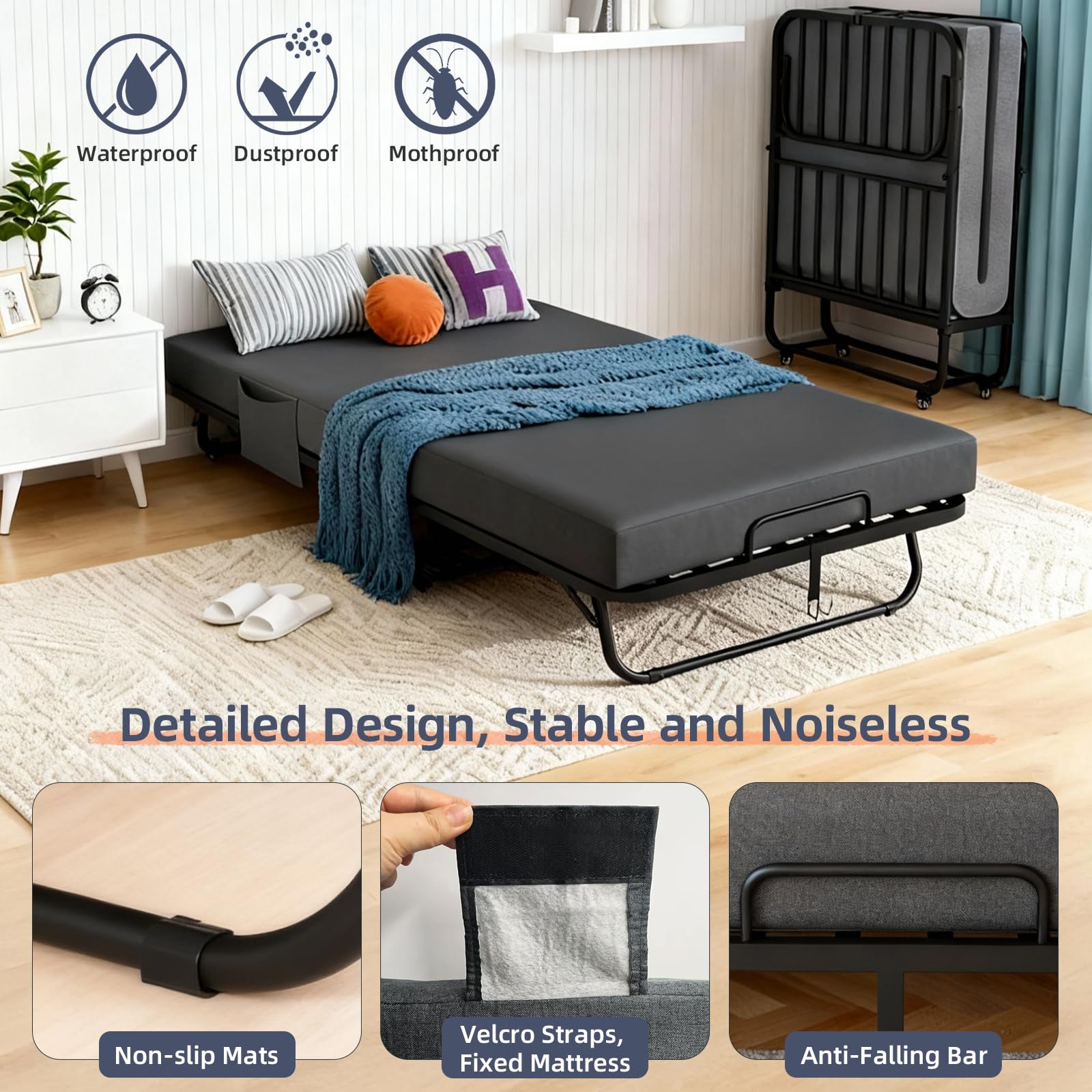 VOWNER Klappbett 200x90cm, Klappbares Gästebett für Erwachsene mit 13 cm Schaumstoff Memory-Matratze, Schutzhülle, Stabiler Metallrahmen und Rollen, Reisebett bis 200 kg belastbar