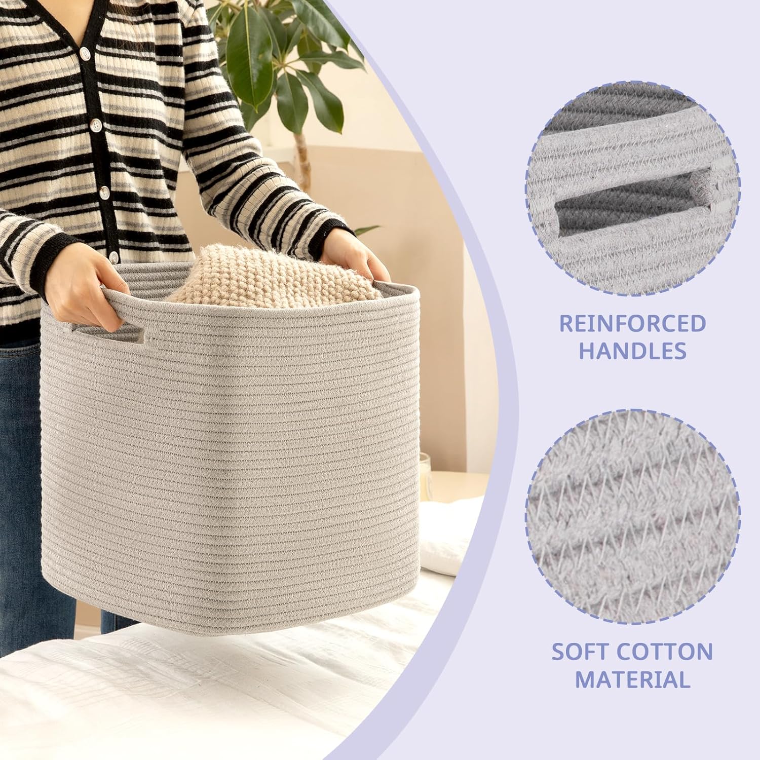 OIAHOMY Large Blanket Basket, Rectangle Woven Baskets for Storage, Toy Basket With Handle-22”x17”x12”-Gradient Grey Storage Cubes, 13 Inch Cube Storage Organizer