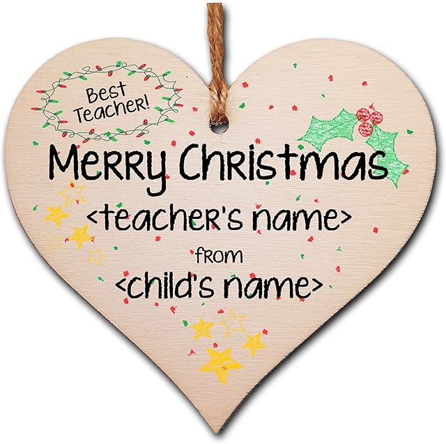 The Plum Penguin Personalised Handmade Wooden Christmas Hanging Heart Plaque Gift Merry Xmas to teacher from child card alternative to amazing teacher careworker thank you present