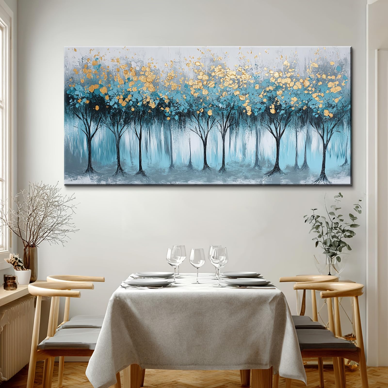 YIdhDCgj Blue and Gold Forest Landscape Paintings Wall Decor, Large Modern Abstract Canvas Wall Art for Living Room(40x80cm/Frameless)