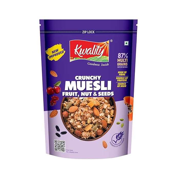 Kwality Muesli – Fruit, Nuts & Seeds Blend, 750 g |87% Multi grains| High‑Fibre, Protein‑Rich Multigrain Breakfast Cereal with Almonds, Raisins, Cranberries, Pumpkin & Flax Seeds, No Preservatives
