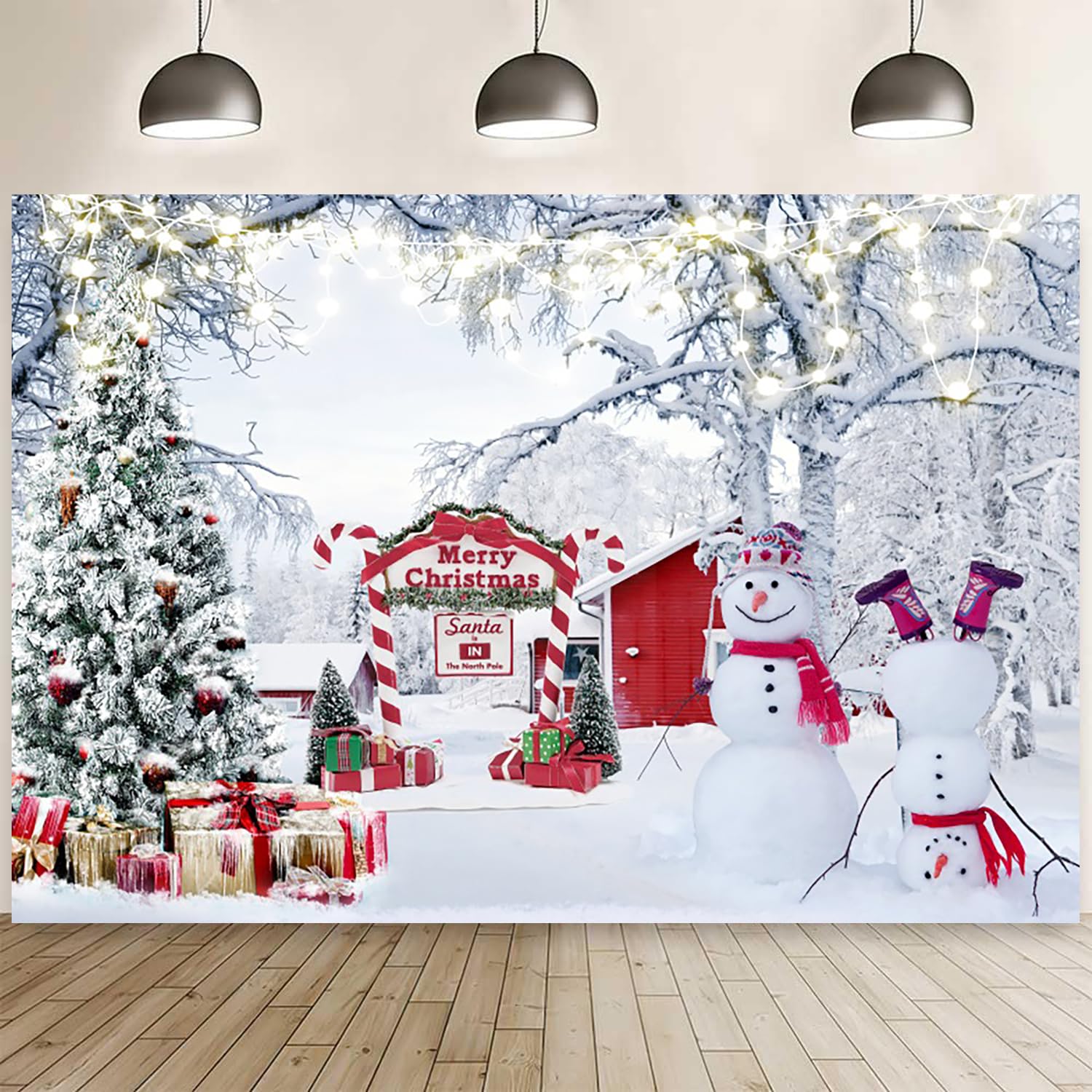 7x5ft Merry Christmas Backdrop Winter Xmas Trees Snowman Snowflake Photography Background Gifts Snow Red Barn Glitter Decorations Banner New Year