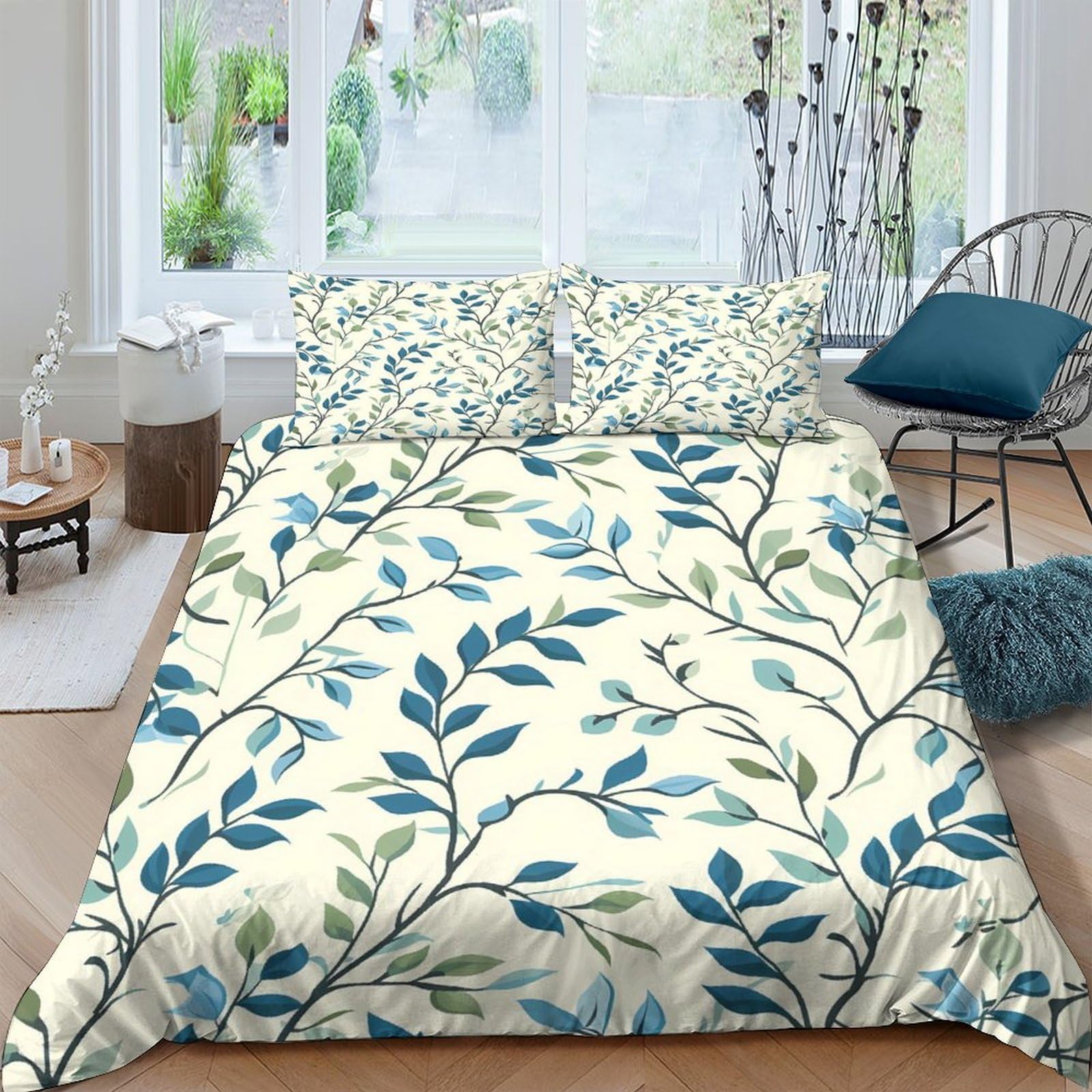 Ctjqhvkz Style-8 3D Printed Blue Leaf Fitted Sheet Microfiber Soft Breathable Botanical Mattress Cover For Bedroom Guestroom Decor Single（135X200cm）
