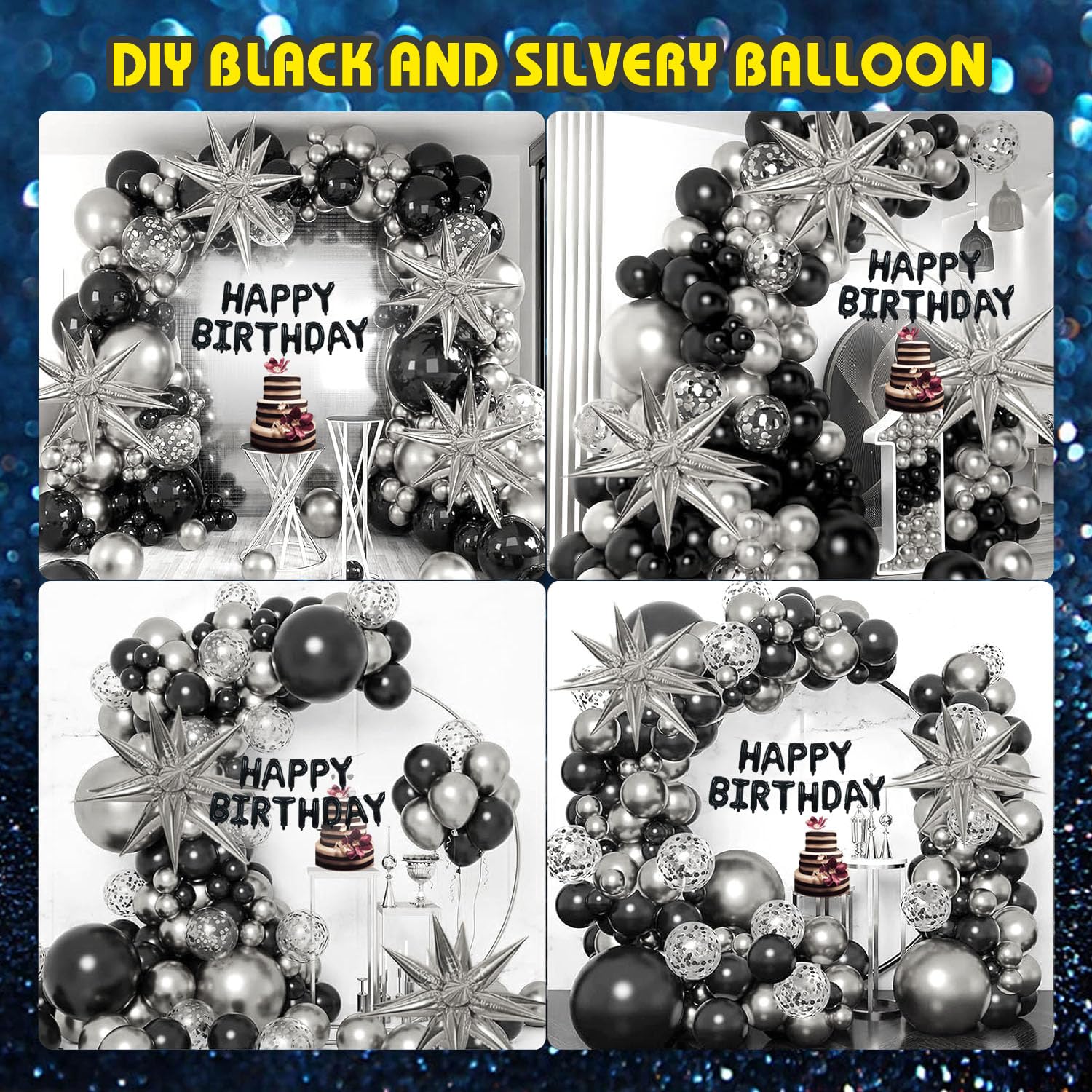 161-Piece Silver & Black Balloon Arch Kit - Includes 5/10/12/18 Inch Balloons & Star Shapes