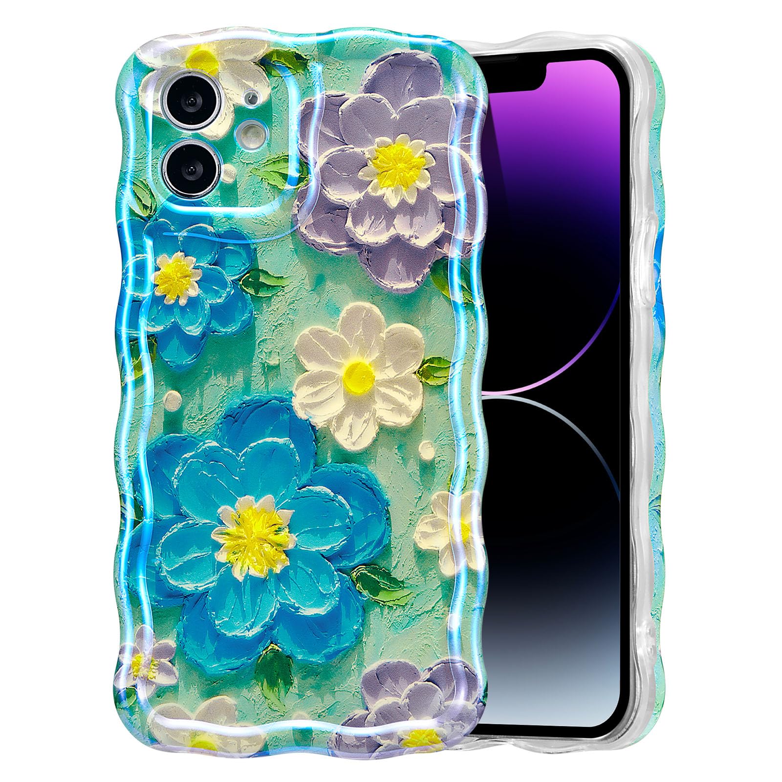 EYZUTAK Case for iPhone 15, Colorful Retro Oil Painting Flower Laser Beam Glossy Pattern Cute Curly Waves Border Exquisite Phone Cover Stylish Durable Soft TPU Protective Case for Girls Women - Green — view 96