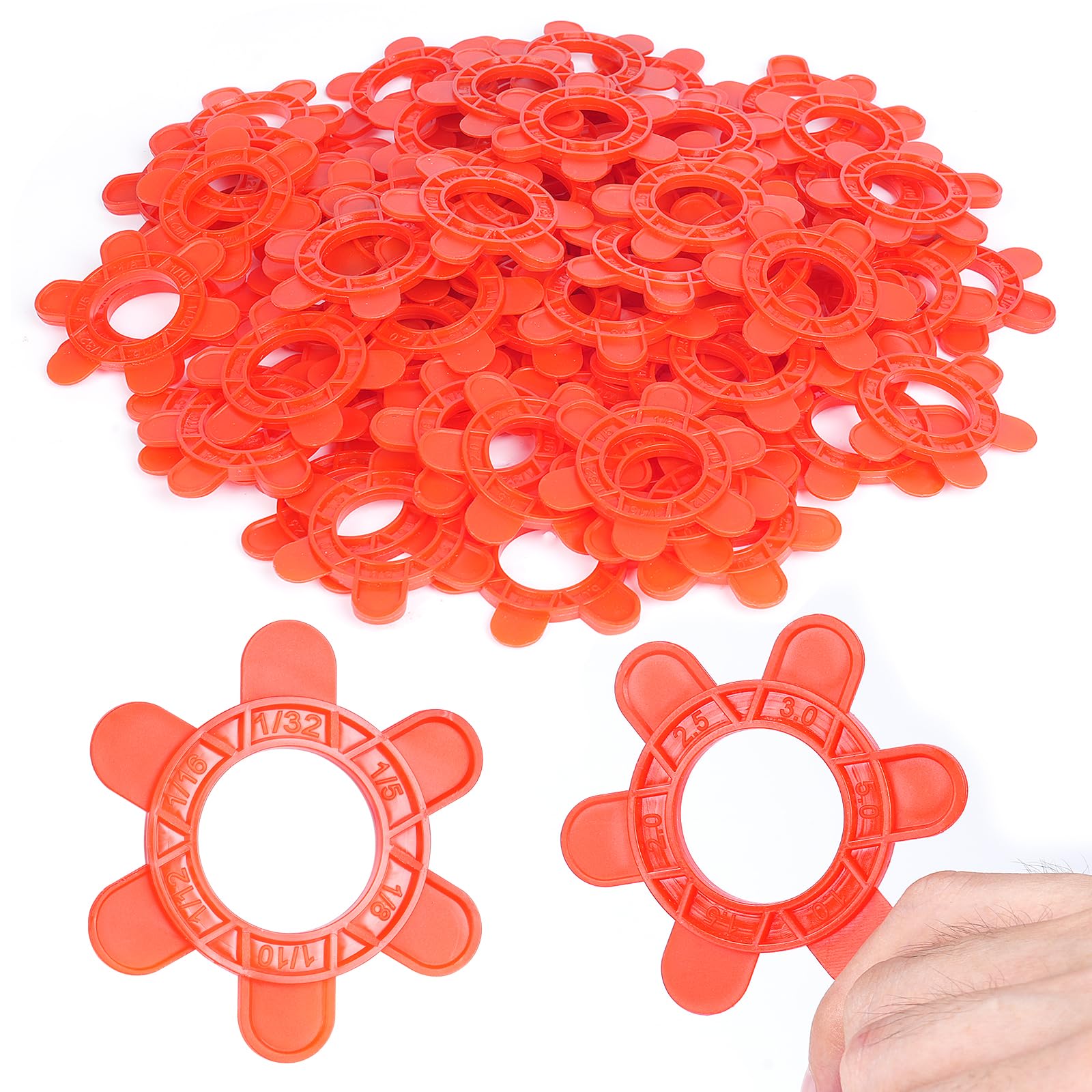 100 espaciadores hexagonales reutilizables para baldosas, 6 medidas en 1 (1 mm, 1.5 mm, 2 mm, 2.5 mm, 3 mm, 5 mm), para juntas precisas y retirada rápida (100 unidades, rojo)