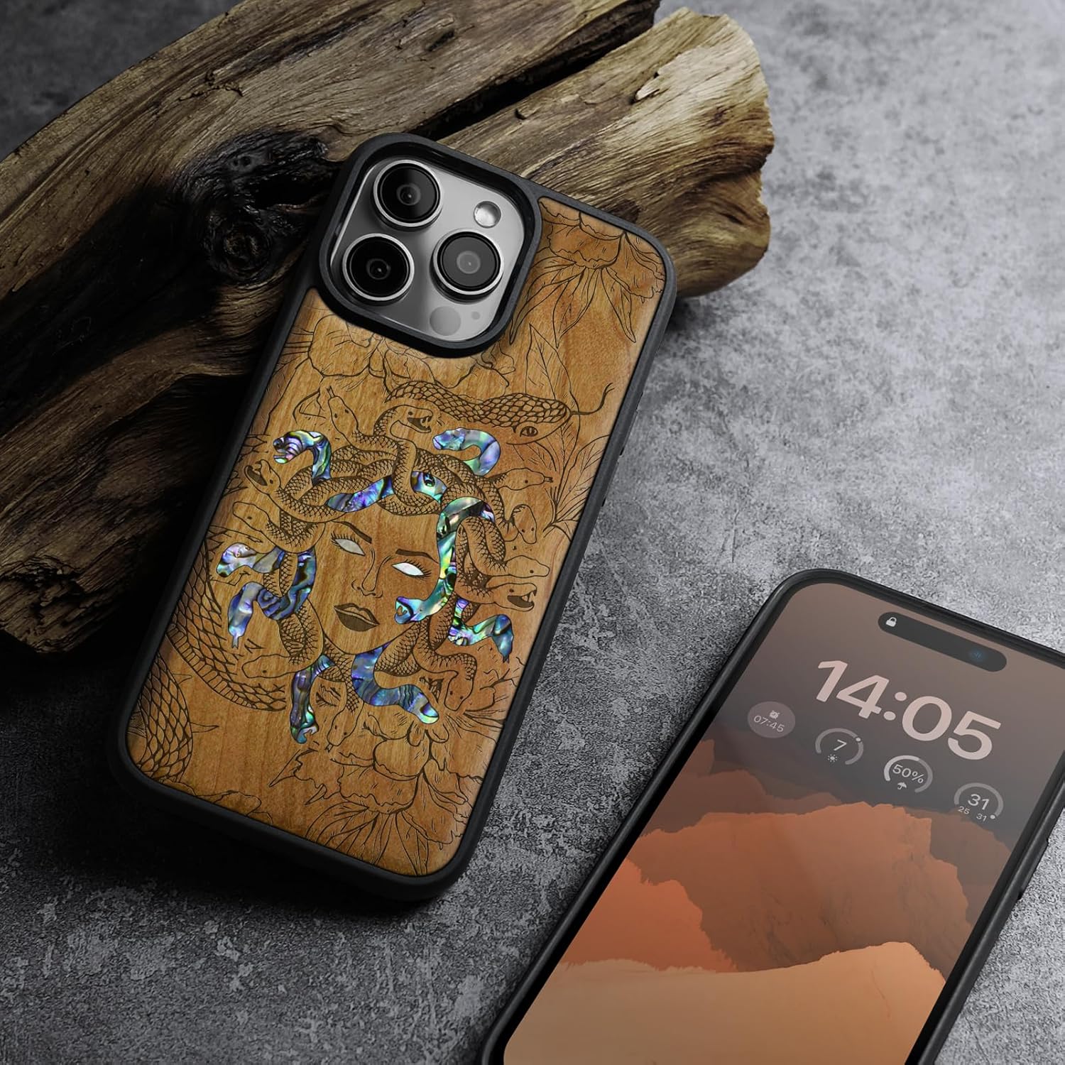 Carveit Magnetic Case for iPhone 16 Pro Case, Wood Artisan Engraved & Handmade Shell Inlaid, TPU Shockproof Cover, Compatible with MagSafe Wireless Chargers (The Medusa Enigma) Cherry