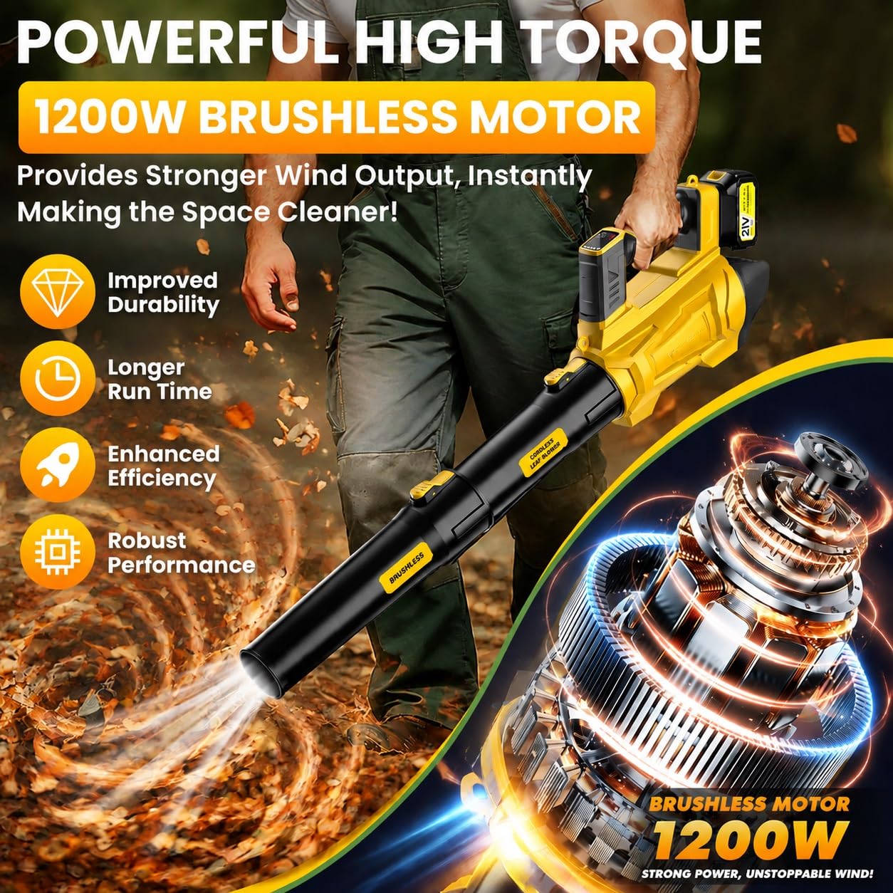 Akku Laubbläser 21V 8000mAh, 1000W Bürstenloser Motor 98000 U/min, Laubbläser Akku Kabellos mit 5 Geschwindigkeiten & Turbo-Modus, Laubbläser Leise für Garten Terrasse Einfahrt Garage