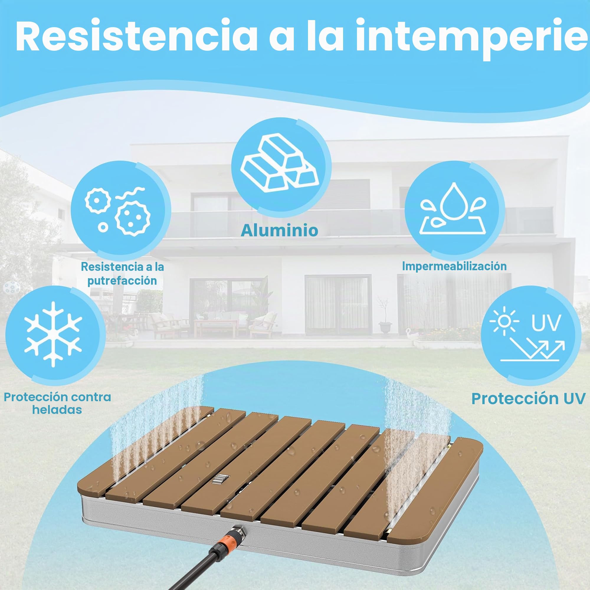 UISEBRT Ducha de jardín exterior de WPC y aluminio, ducha móvil de suelo, ducha solar, ducha de camping, altura de fuente ajustable hasta 4 m, para piscina, jardín, terraza (rectangular, marrón)