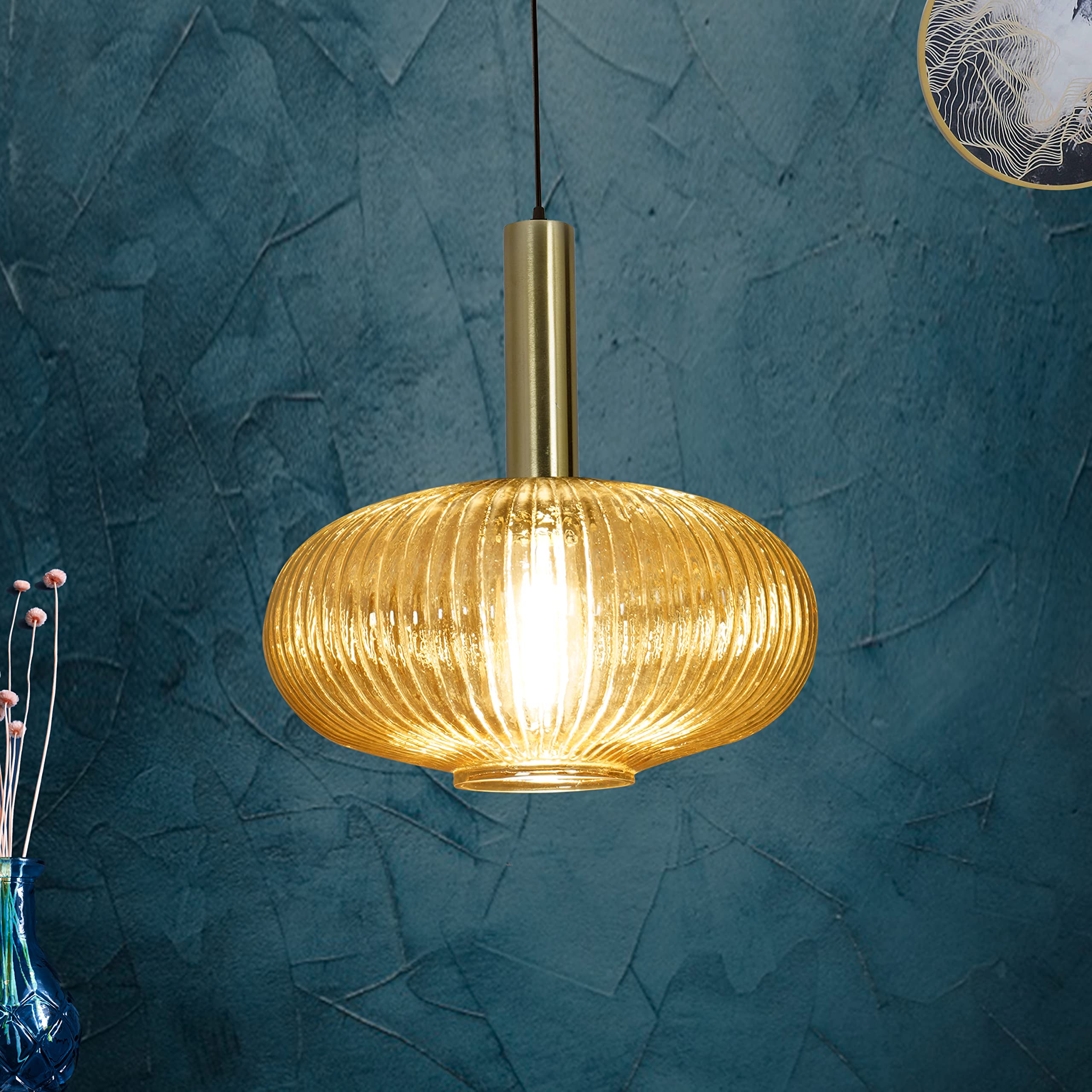 KAPOOR LAMP SHADES Maloto Amber Luster and Brass Hanging Light (Bulb Included)