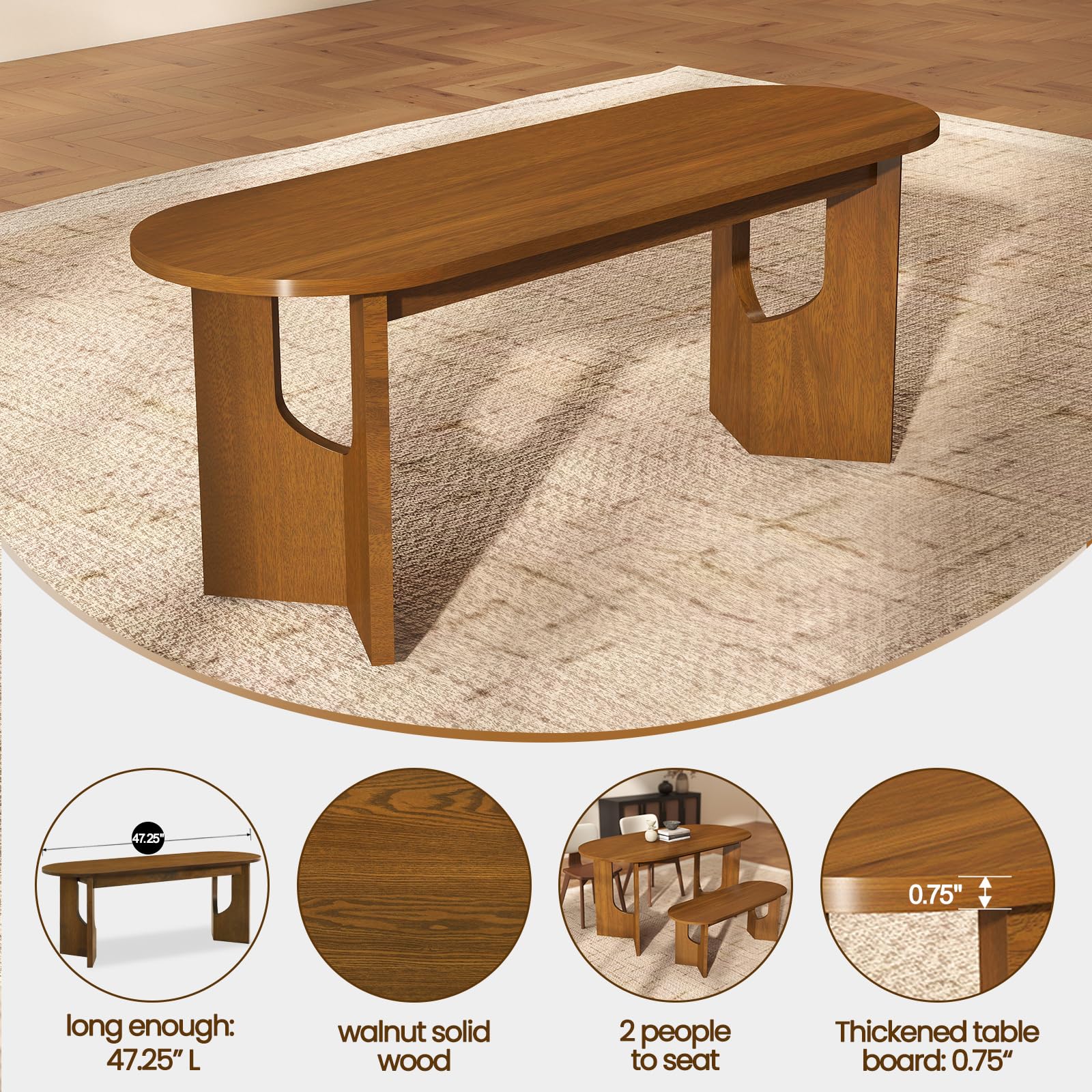 47.25" L Walnut Wood Oval Bench, Solid Wood Dining Bench with Wooden Legs for Dining Room, Restaurant, 1 Piece