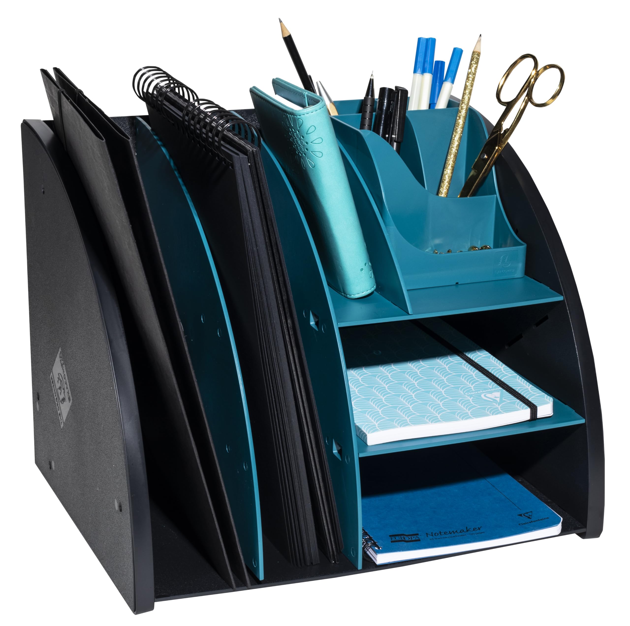 EXACOMPTA - Rif. 394505D - 1 organizer da scrivania, organizer NeoDeco, accessorio da scrivania multifunzionale 6 scomparti A4, A5, A6 verticale/sdraiato, prof 36 x 29,5 x 6 cm, nero/blu anatra