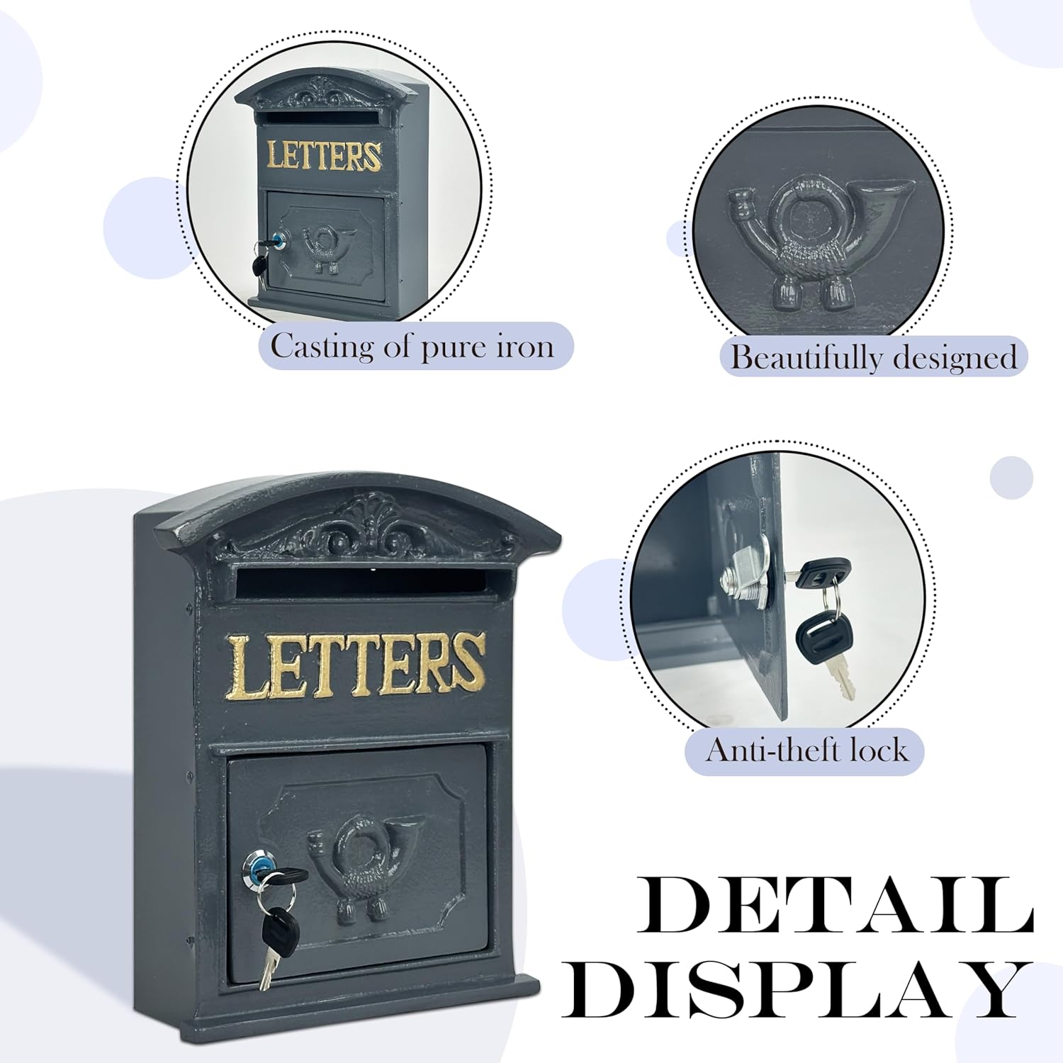 Cast Iron Mailbox Wall Mount – Vintage Mailboxes for Outside with Lock, Rustproof Mail Boxes for House Outside, Decorative Letter Box for Gate, Fence or Porch (9.13"x12.2"x3.32")