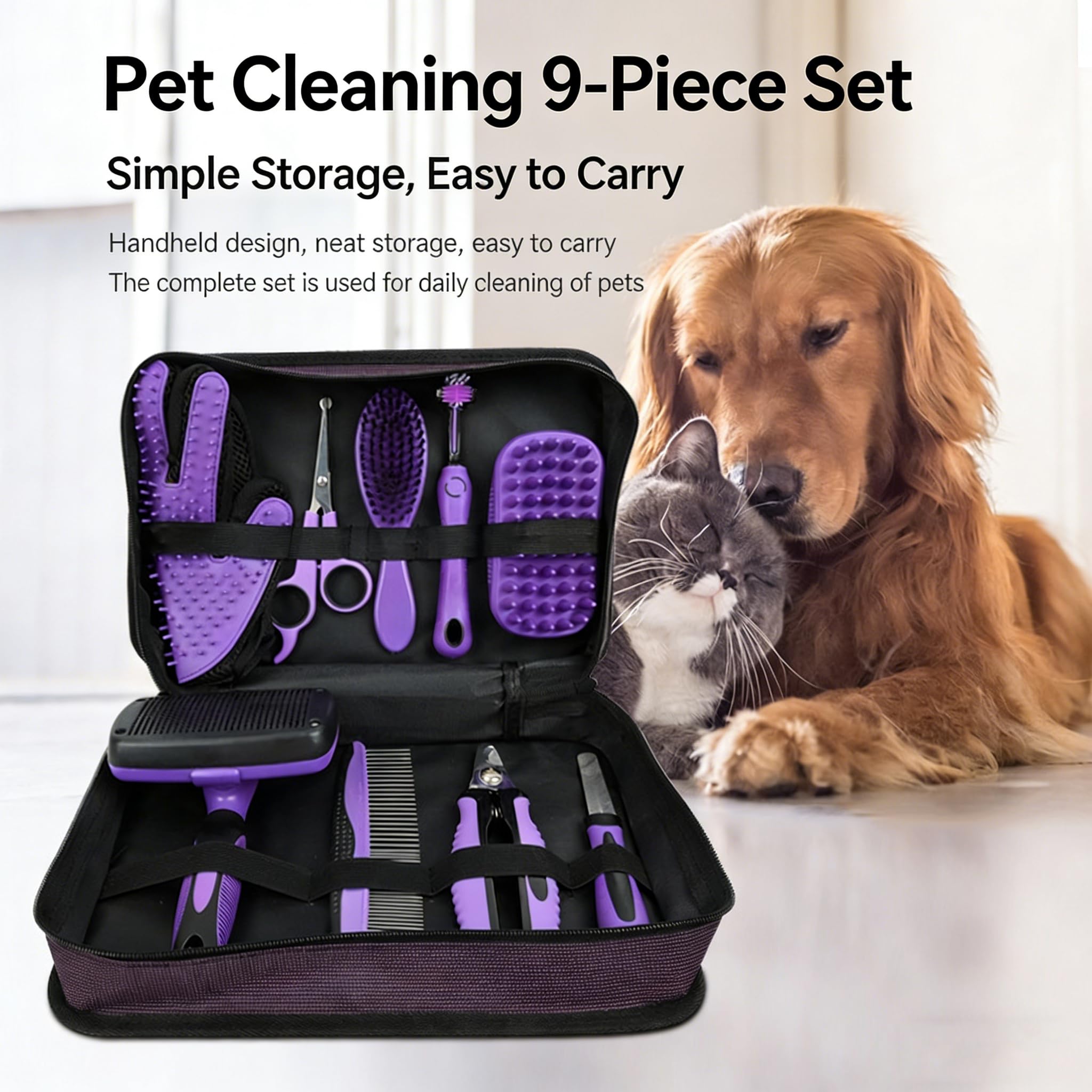 Lot de 9 brosses pour chiens et chats - Coupe-griffes avec lime, peigne démêlant, brosse de bain et shampoing - Accessoires de toilettage pour poils courts et longs