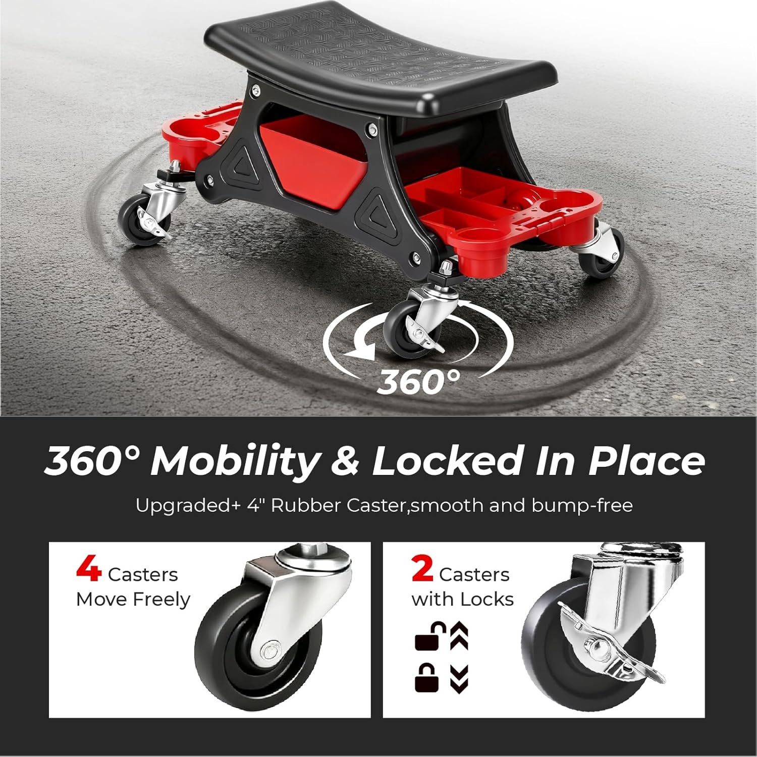 Mechanic Stool with Wheels,300 LBS Capacity Garage Stool,Heavy Duty Rolling Mechanics Seat with Slide Out Tool Trays and Drawer,Tools for Automotive Auto Repair RED