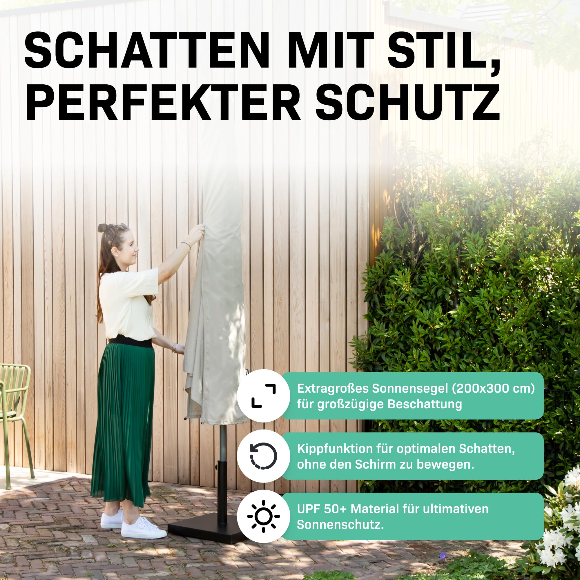 VONROC Sonnenschirm rechteckig 200x300 - Rechteckiger Sonnenschirm für Terasse, Garten, Balkon, Gastro - Knickbar, Kurbel, Wetterfest - Rapallo