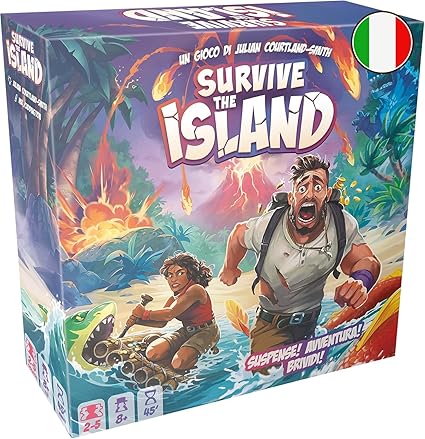 Asmodee - Survive The Island, Gioco da Tavolo, Gioco di Fuga dall'Isola con Vulcani, Mostri e Tradimenti!, 2-5 Giocatori, 8+ Anni, 45 min, Edizione in Italiano