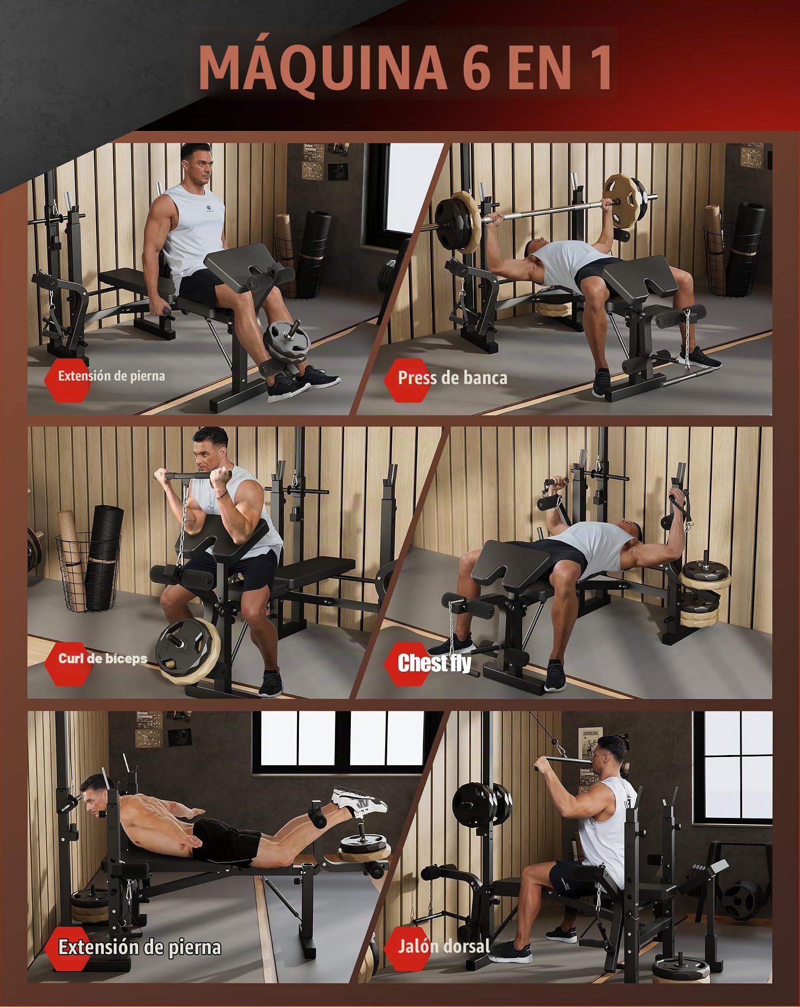 Banco De Pesas Ajustable 4 En 1 Para Gimnasio En Casa - Con Rack Para Barra, Extensión De Piernas, Pad Rizo Predicador y Articulación Mariposa - Plegable y Soporta 900 Lb Para Entrenamiento Completo