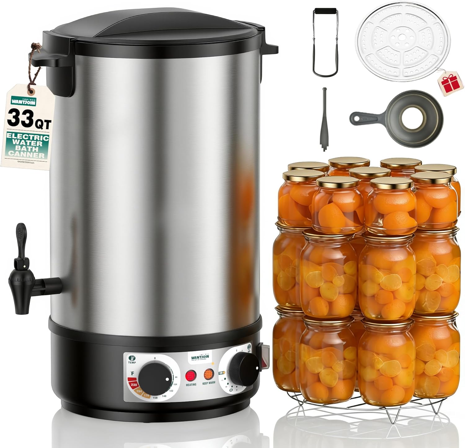 WantJoin 30QT Electric Water Bath Canner - 1800W Stainless Steel, 86-212°F Temp Control, 180min Timer, Fits 11 Quart Jars w/ Rack, Lifter, Funnel