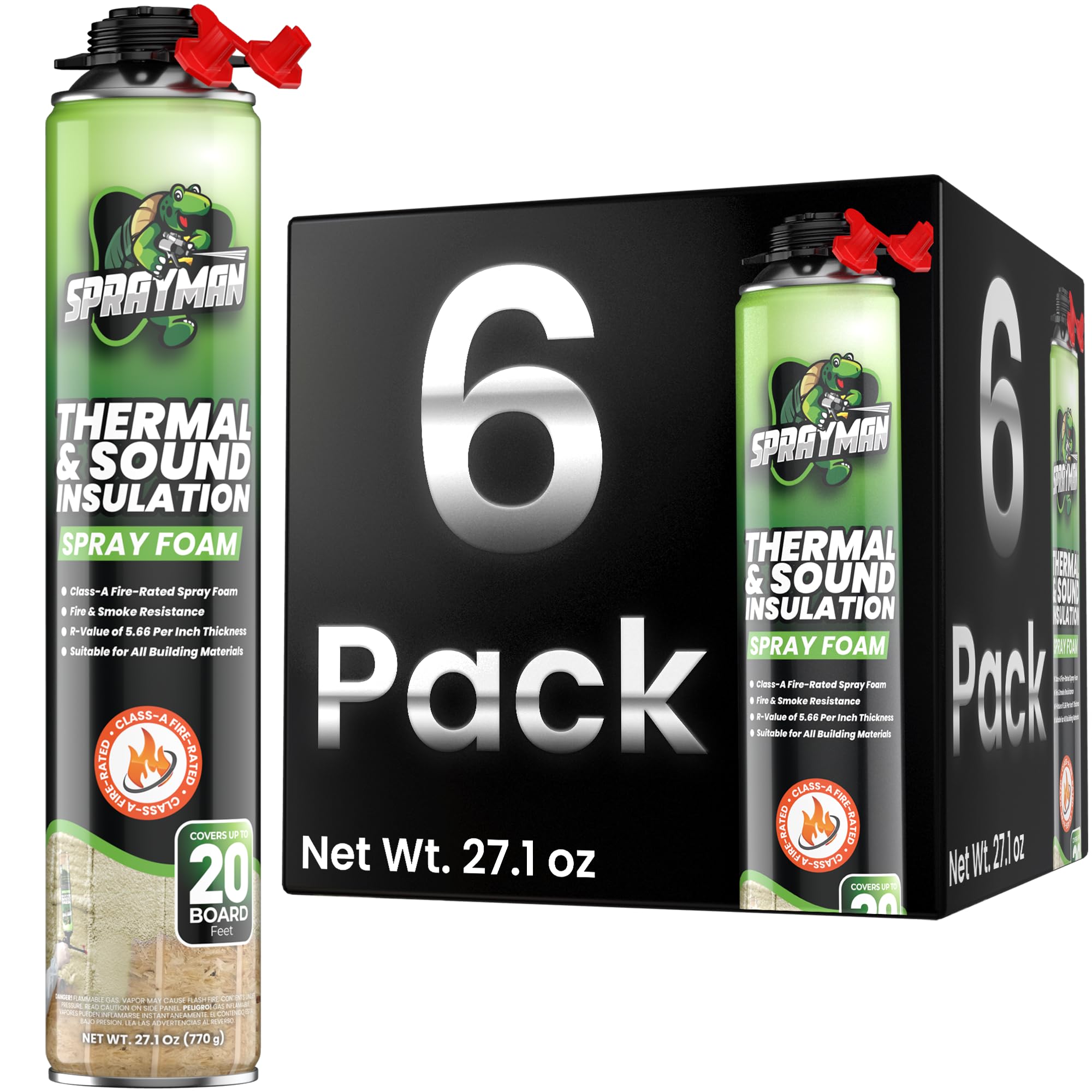 Sprayman Spray Foam Insulation (120 Sq.Ft.) - Closed Cell Polyurethane Expanding Foam Sealant, Thermal & Acoustic Protection for Wall and Attic - Gun & Cleaner NOT Included, 27.1 oz, 6 Pack