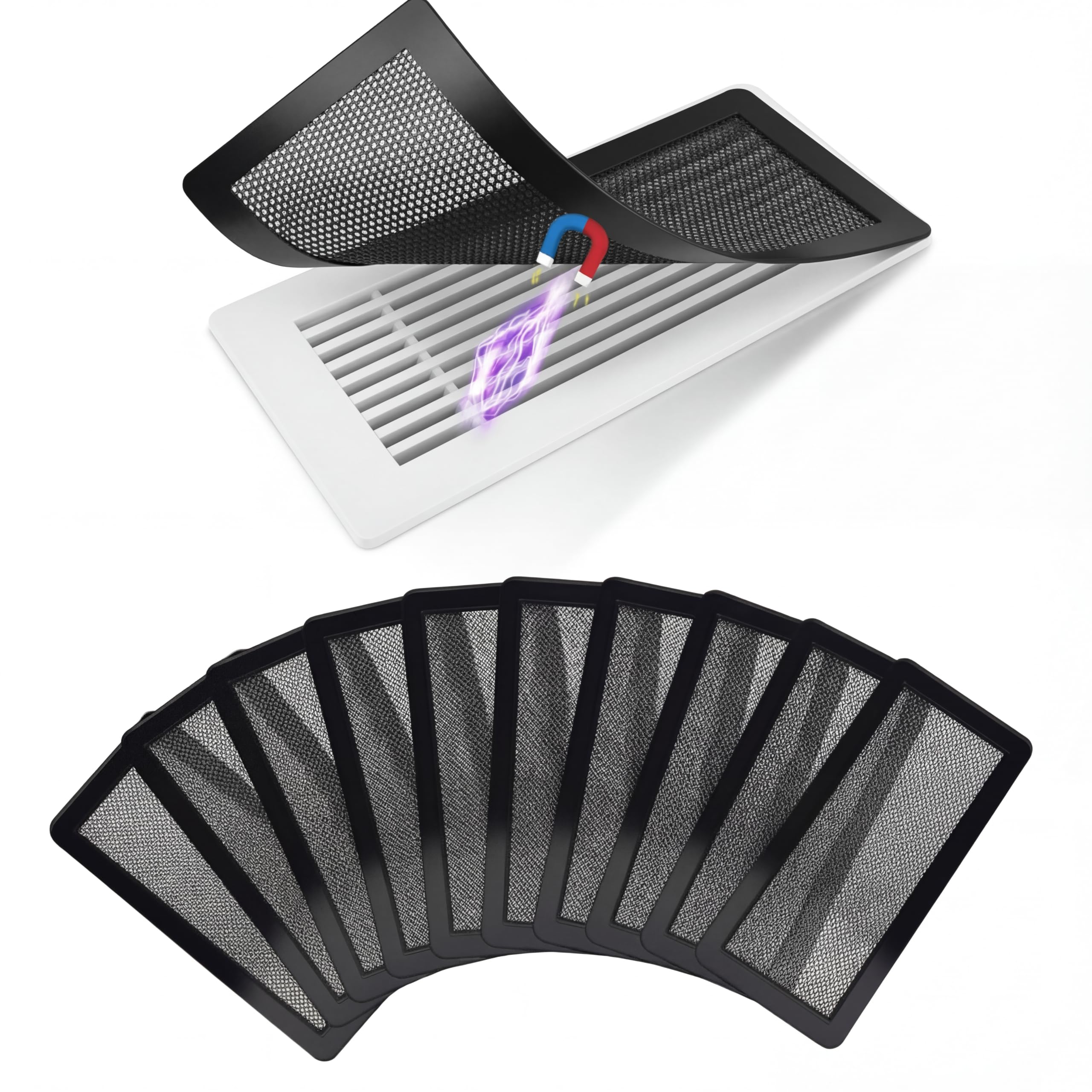 Boao 10 Pcs Magnetic Vent Screen Mesh Covers 5.1 x 11.3 Inch Air Vent Screen Mesh Cover for Home Wall Ceiling Floor Register of Width 5 to 6, Length 11.2 to 12, Black