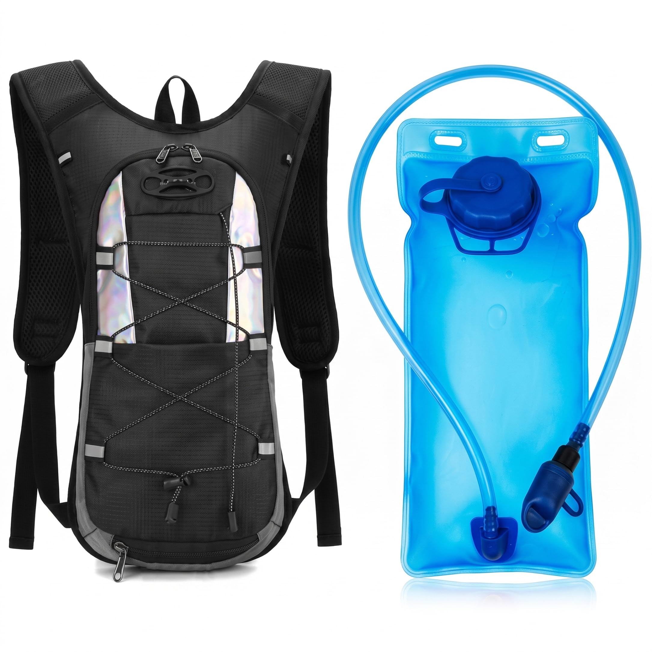 Mochila de Hidratación Ligera con Bolsa de Agua, Mochila Impermeable para Correr y Ciclismo en Bicicleta de Montaña con Red para Casco y Tiras Reflectantes - Ligera Unisex para Senderismo, Senderismo