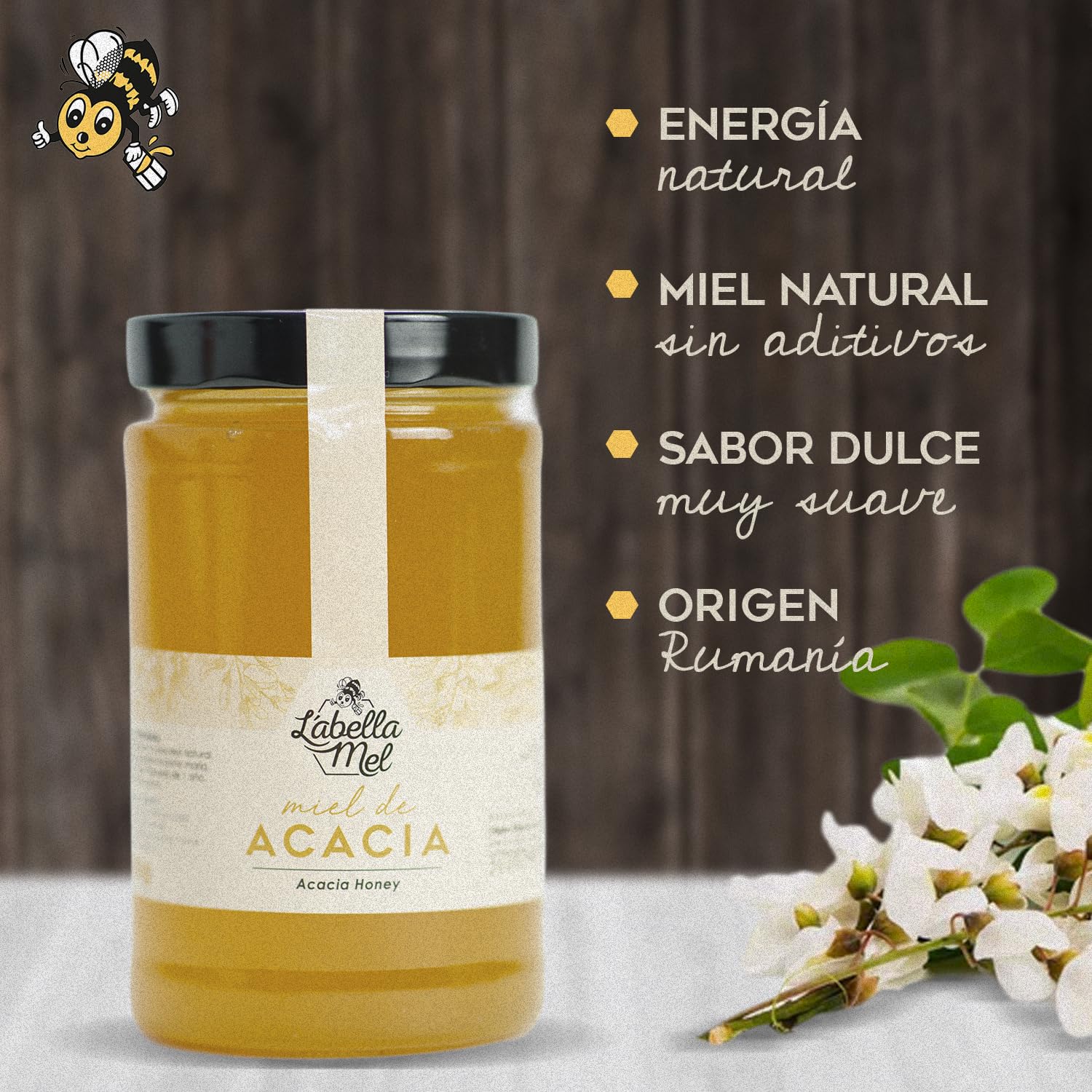 L'Abella Mel | Miel de Acacia 100% Natural y Pura | Miel Pura de Abeja Sin Pasteurizar Ni Aditivos | Recolección Manual Directa del Apicultor | Apiarios Artesanos Europeos | 1 kg