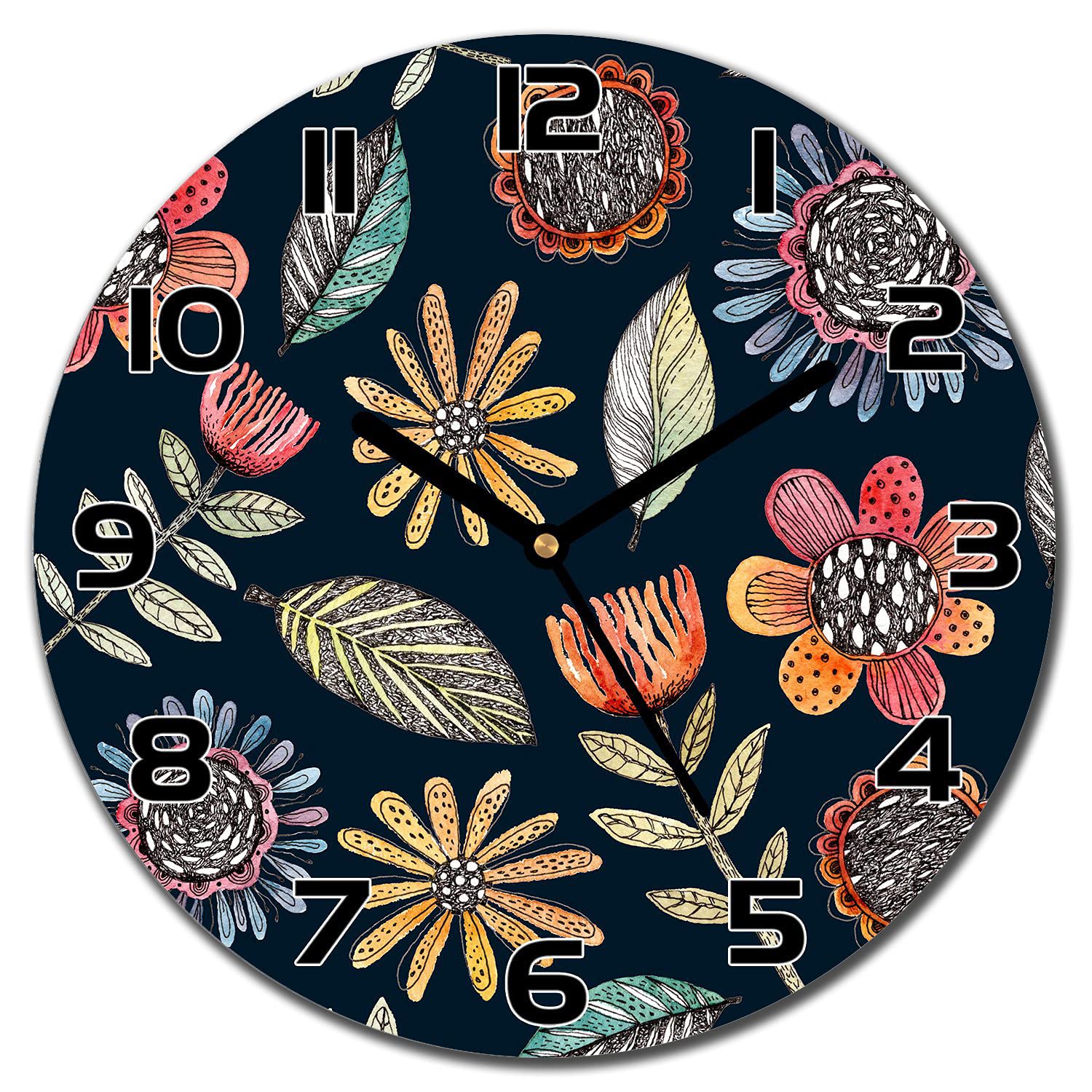 Horloge en verre murale cuisine 30 cm Fleurs Folkloriques moderne salon