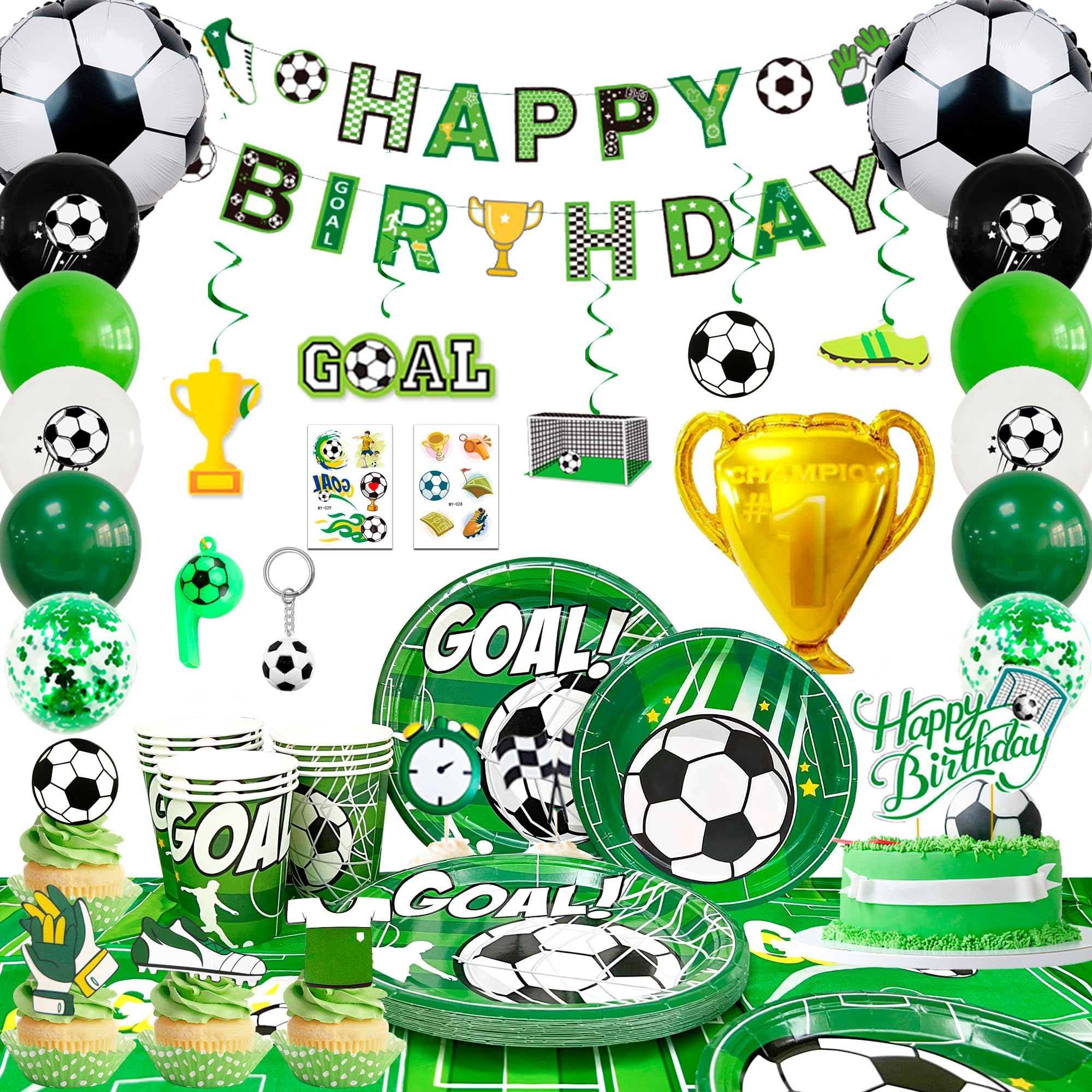 Forniture per Feste di Calcio,16 Ospiti Calcio Stoviglie per Feste di Compleanno Calcio Decorazioni Set-Tema Calcio per Piatti Tazze Striscioni etc Decorazioni Compleanno Tema Sportivo