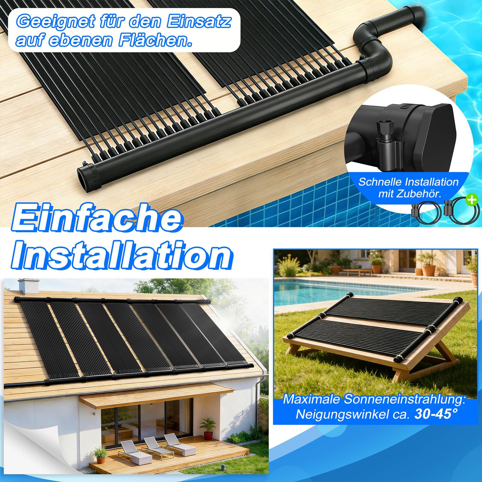 AufuN Panneau solaire de piscine 600 x 140 cm, chauffage solaire pour piscine et piscine, plastique résistant aux UV, extensible à volonté, tapis solaire d'eau chaude pour chauffage respectueux de