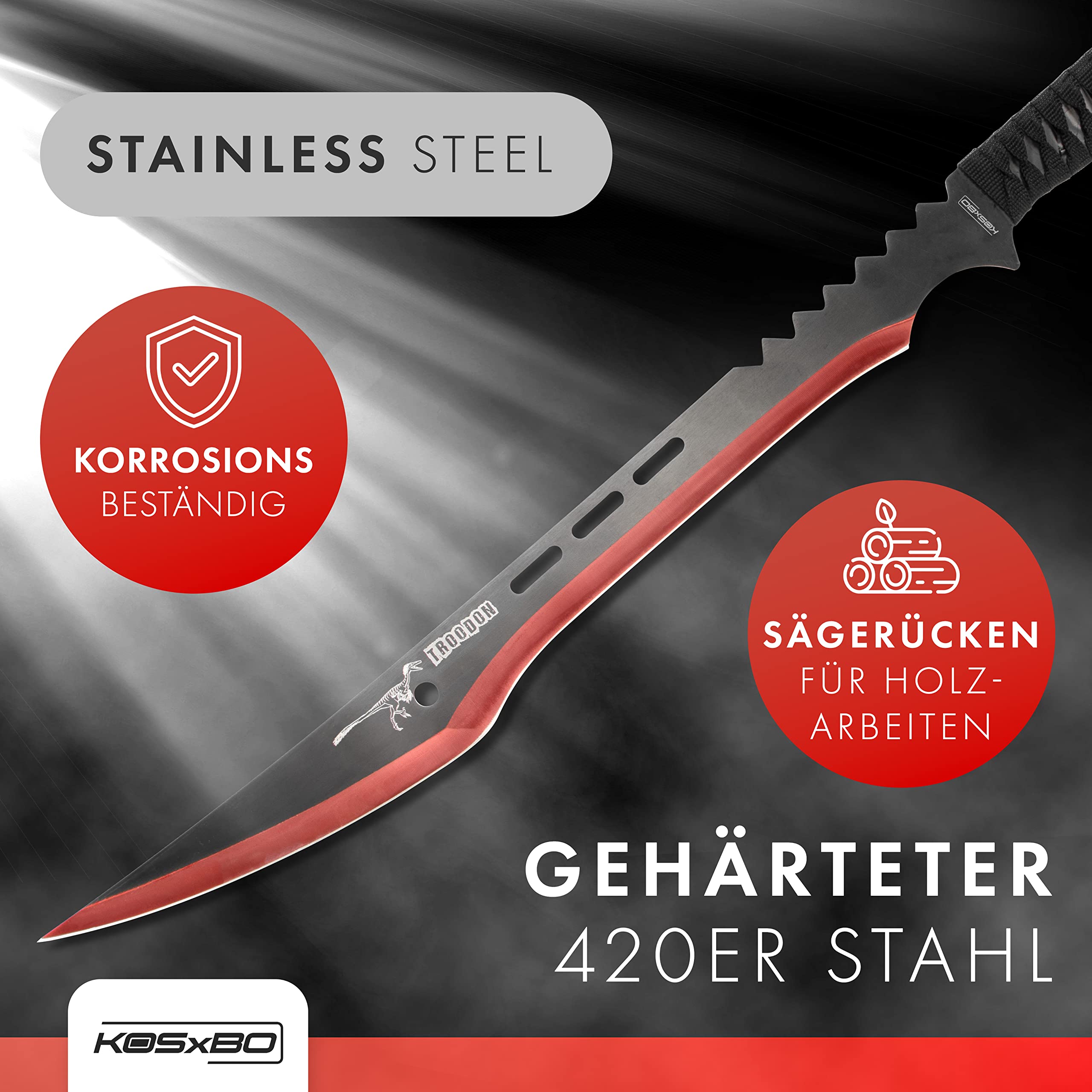 KOSxBO Machete mit roter Klinge Troodon Dinosaurier Edition - Gesamtlänge 63cm, Macheten mit Scheide, schwarz rot
